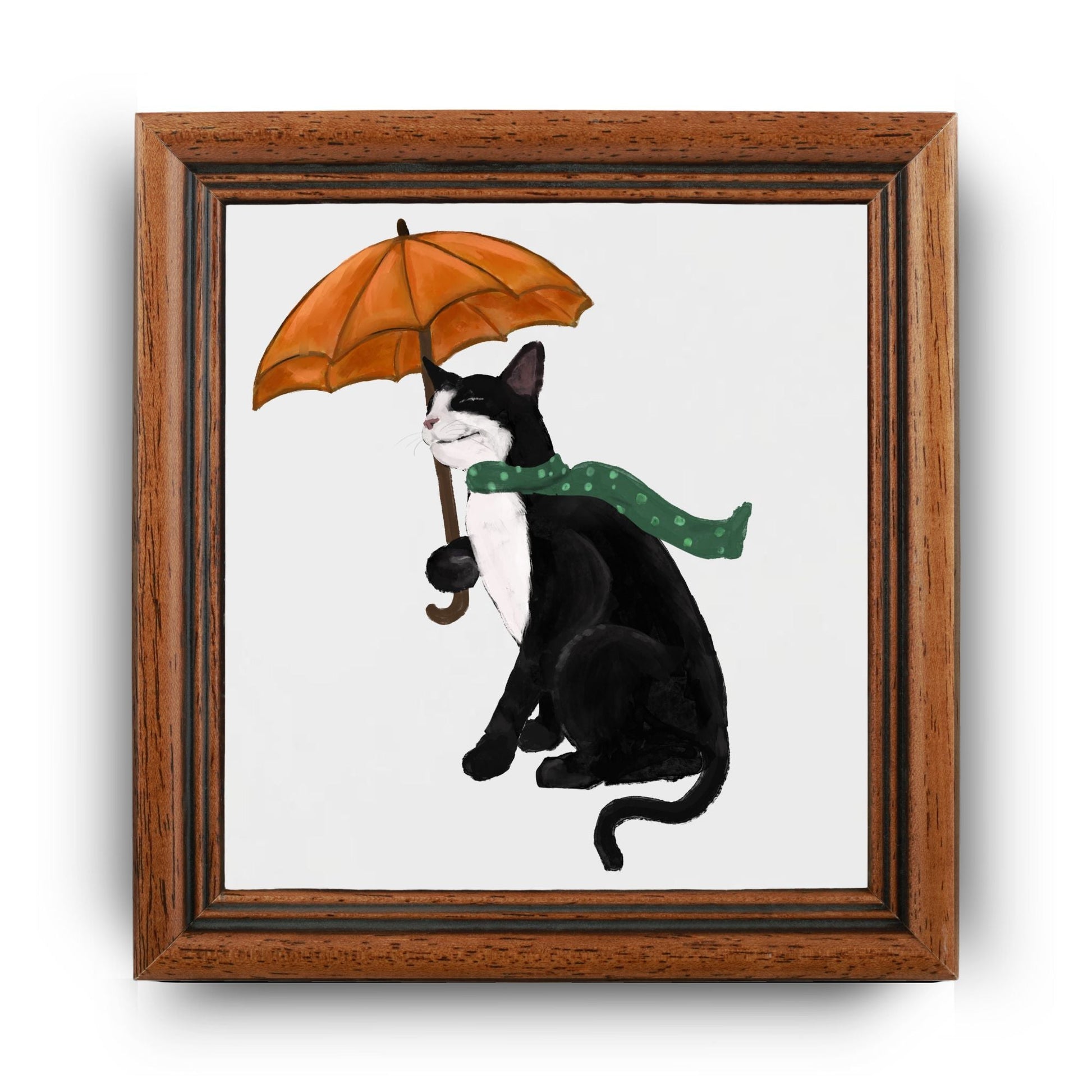 Tuxedo Cat with Umbrella Ceramic Tile - MerikaArt