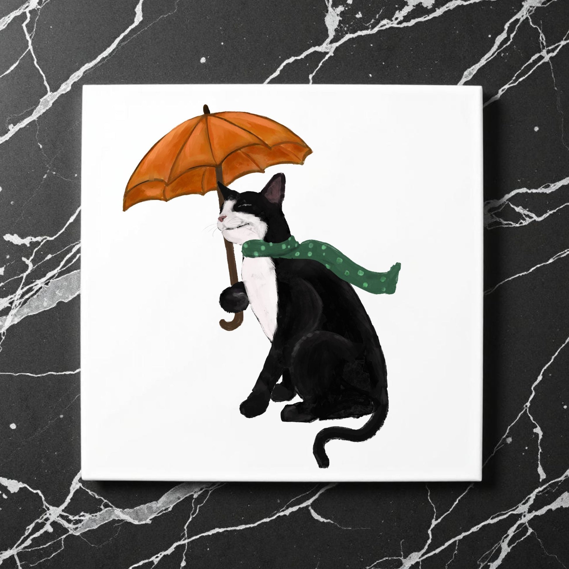 Tuxedo Cat with Umbrella Ceramic Tile - MerikaArt