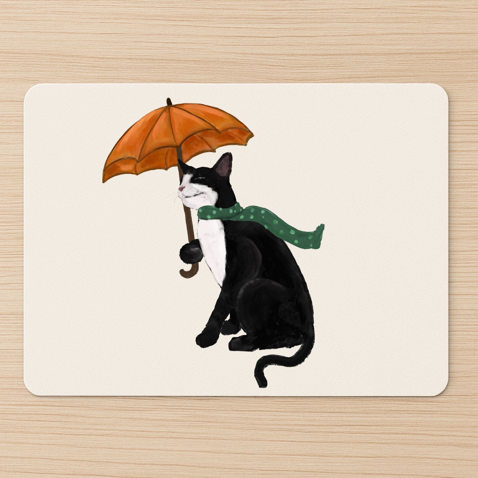 Tuxedo Cat with Umbrella Mousepad - MerikaArt