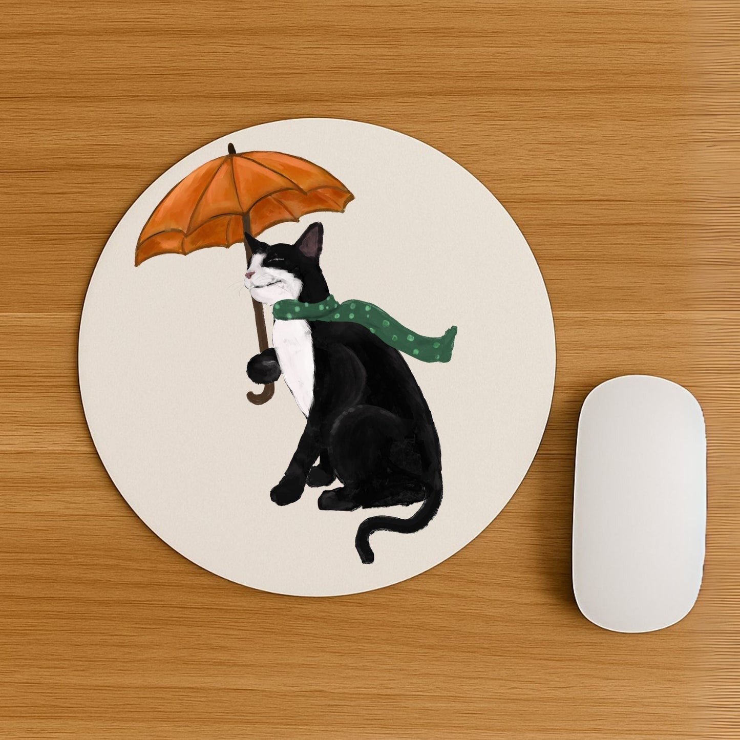 Tuxedo Cat with Umbrella Mousepad - MerikaArt