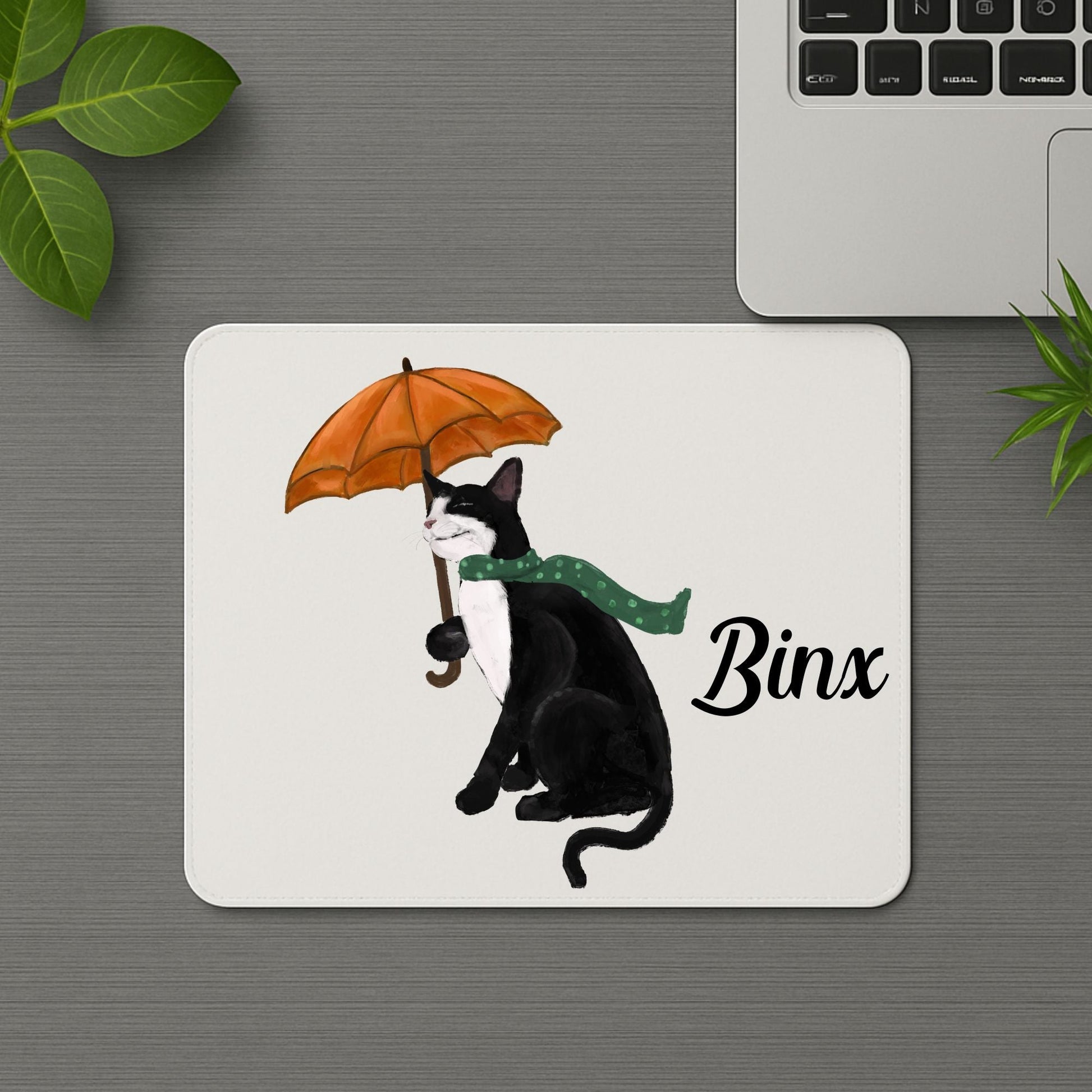 Tuxedo Cat with Umbrella Mousepad - MerikaArt