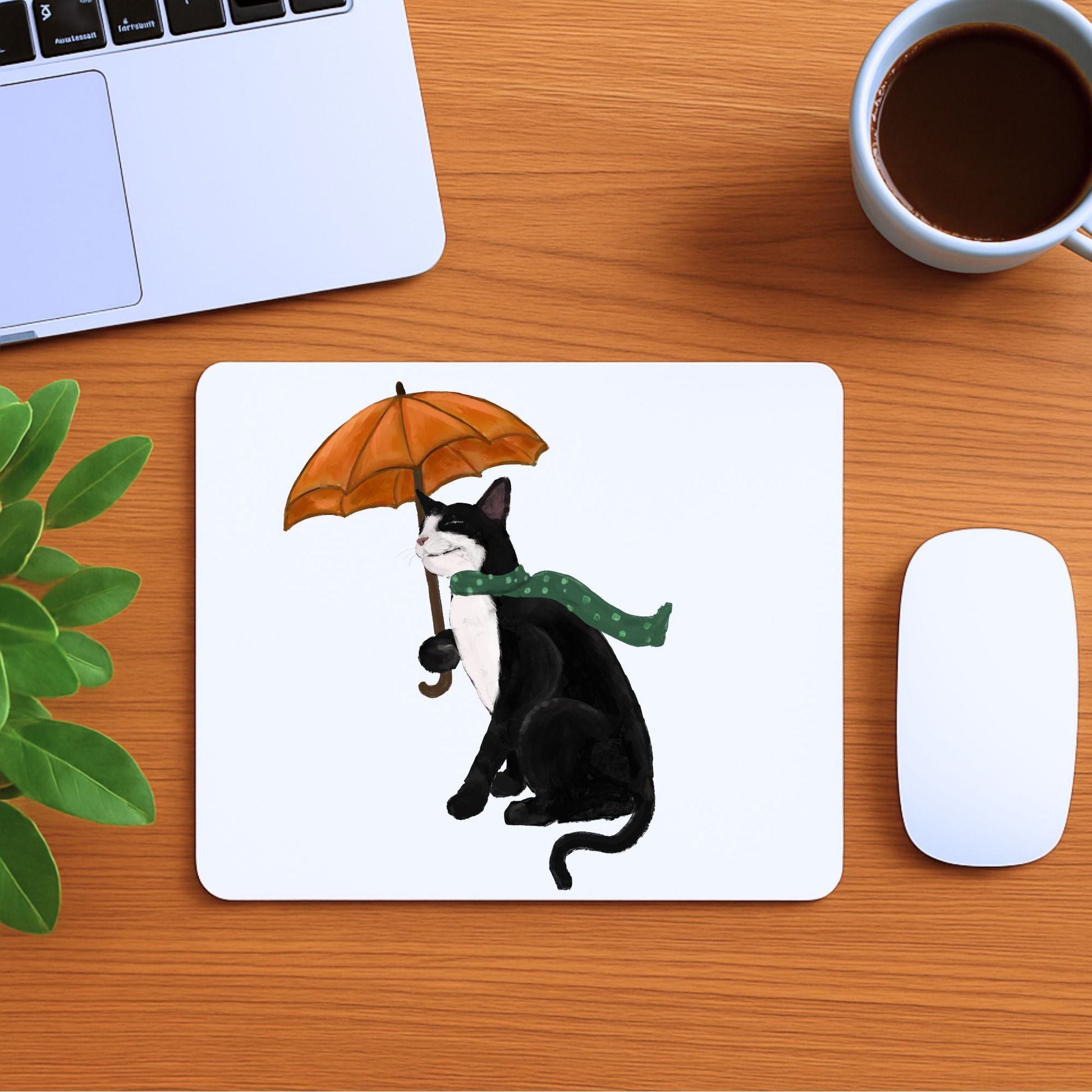Tuxedo Cat with Umbrella Mousepad - MerikaArt