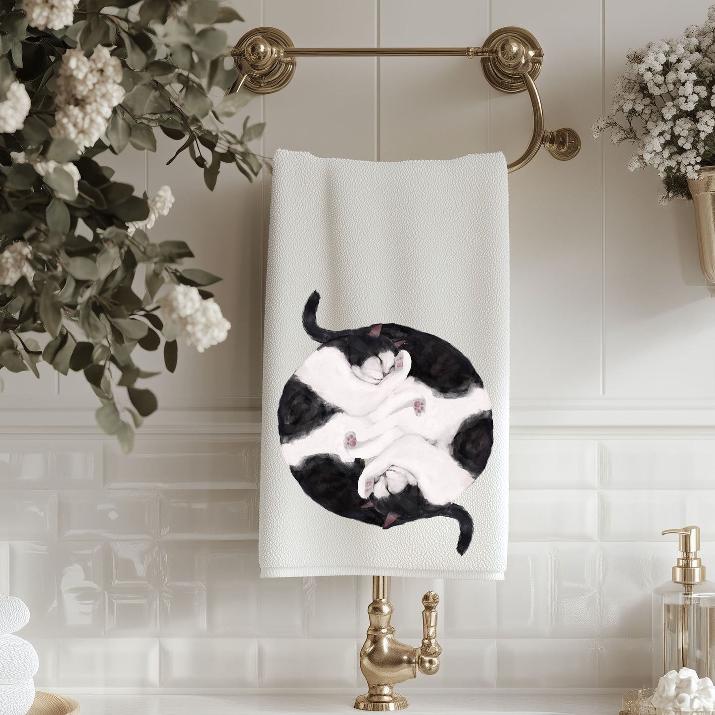 Tuxedo Sleeping Cats Bathroom Towel - MerikaArt