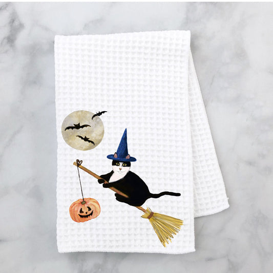 Tuxedo Witch Cat Halloween Kitchen Towel - MerikaArt