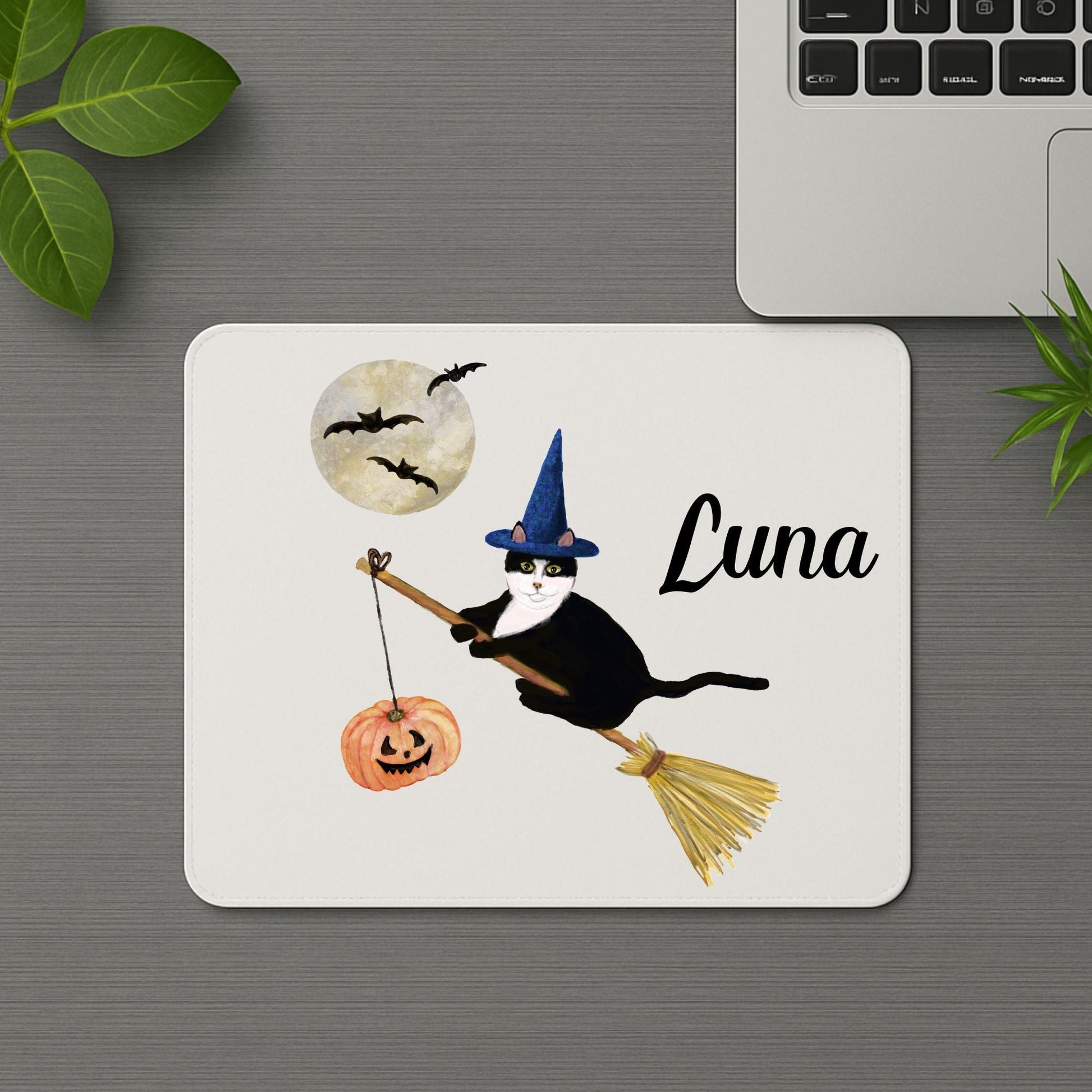 Tuxedo Witch Cat Halloween Mousepad - MerikaArt