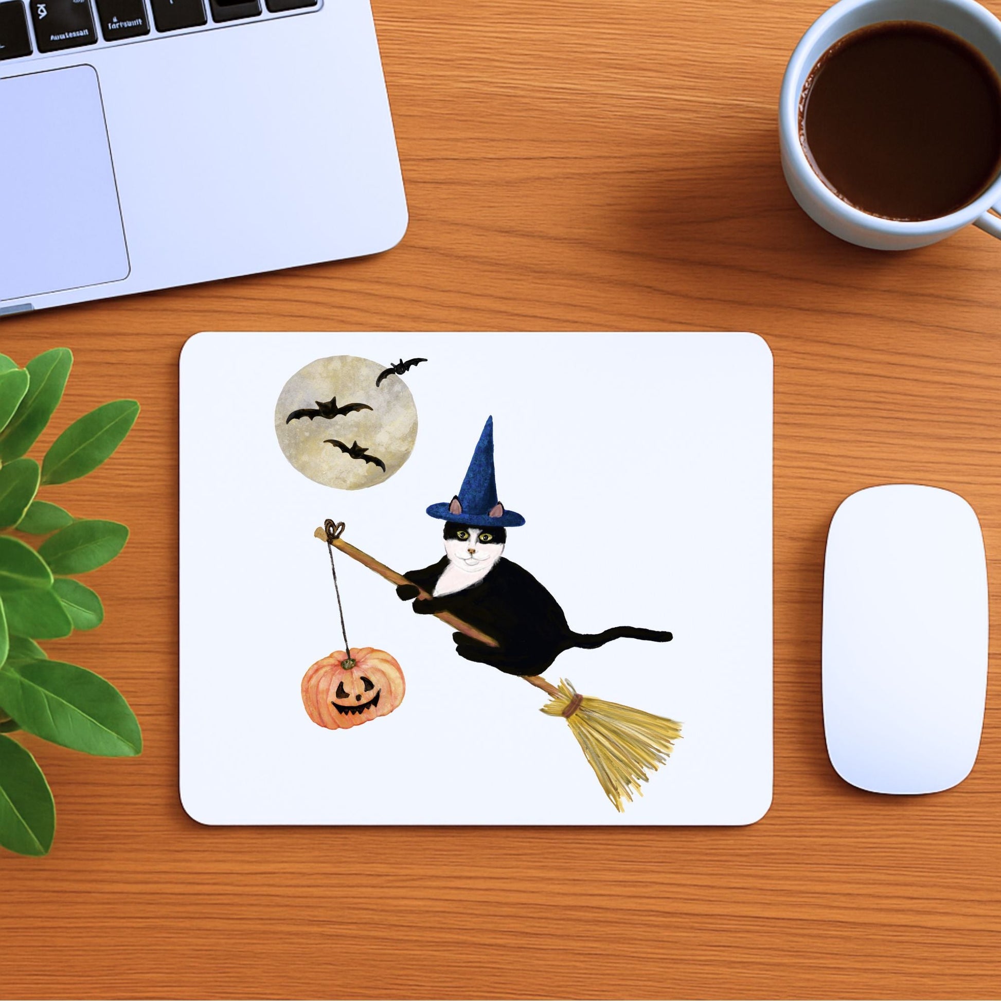 Tuxedo Witch Cat Halloween Mousepad - MerikaArt
