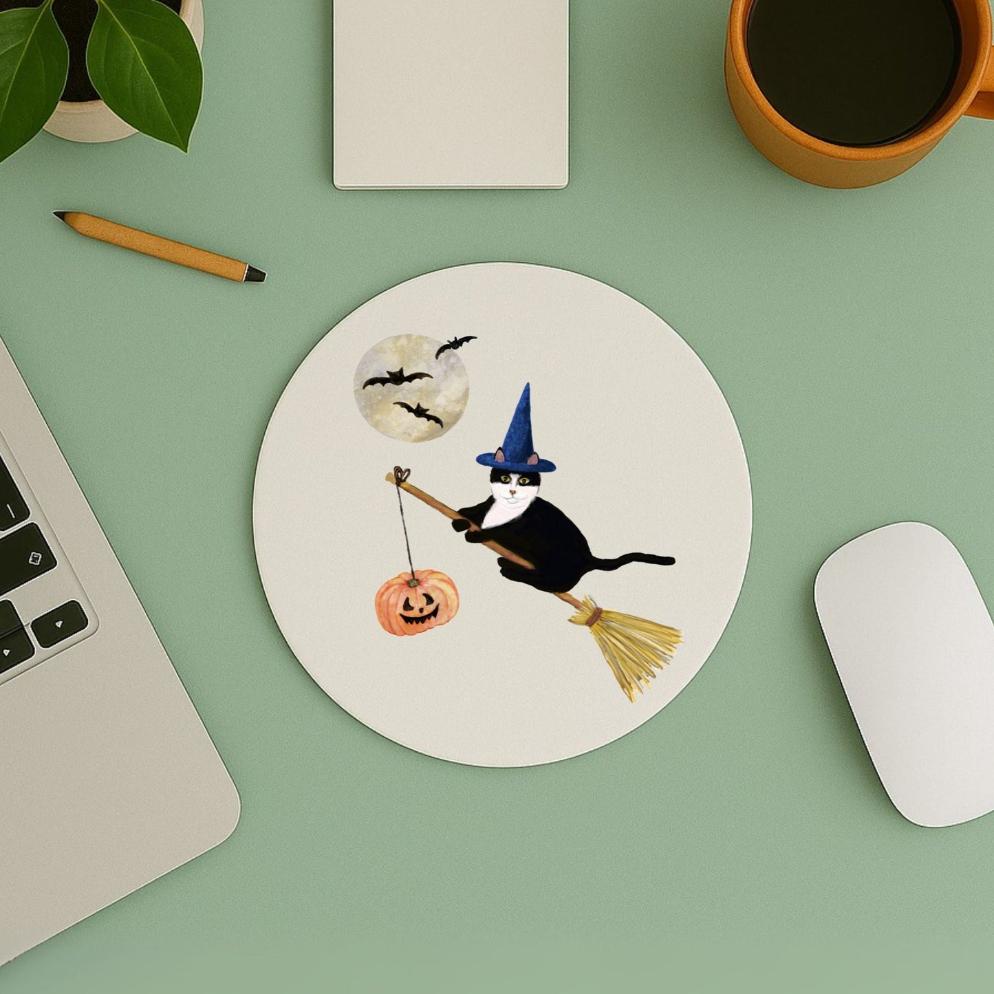 Tuxedo Witch Cat Halloween Mousepad - MerikaArt