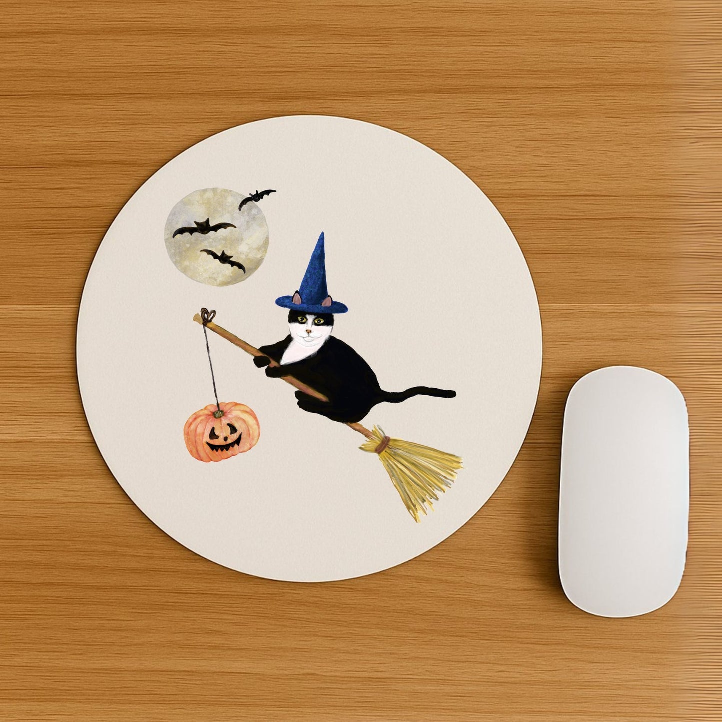 Tuxedo Witch Cat Halloween Mousepad - MerikaArt