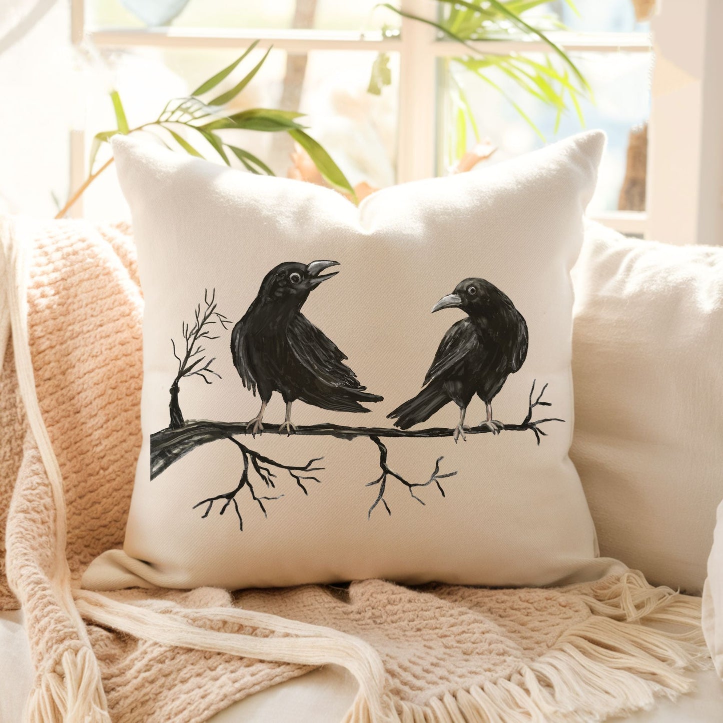 Two Crows on a Branch Pillow - MerikaArt