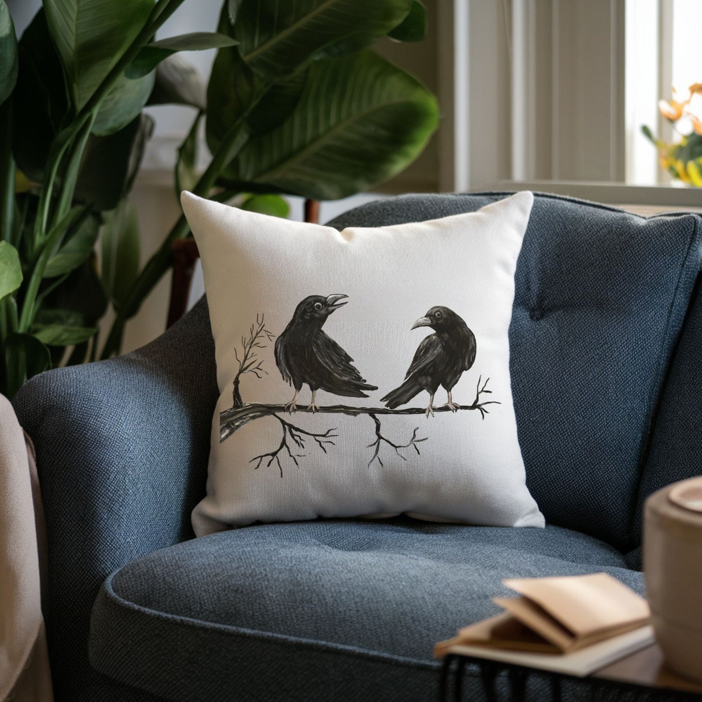 Two Crows on a Branch Pillow - MerikaArt