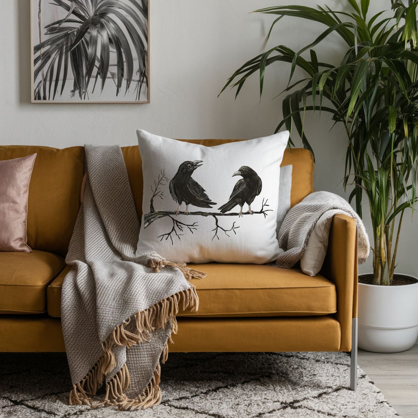 Two Crows on a Branch Pillow - MerikaArt