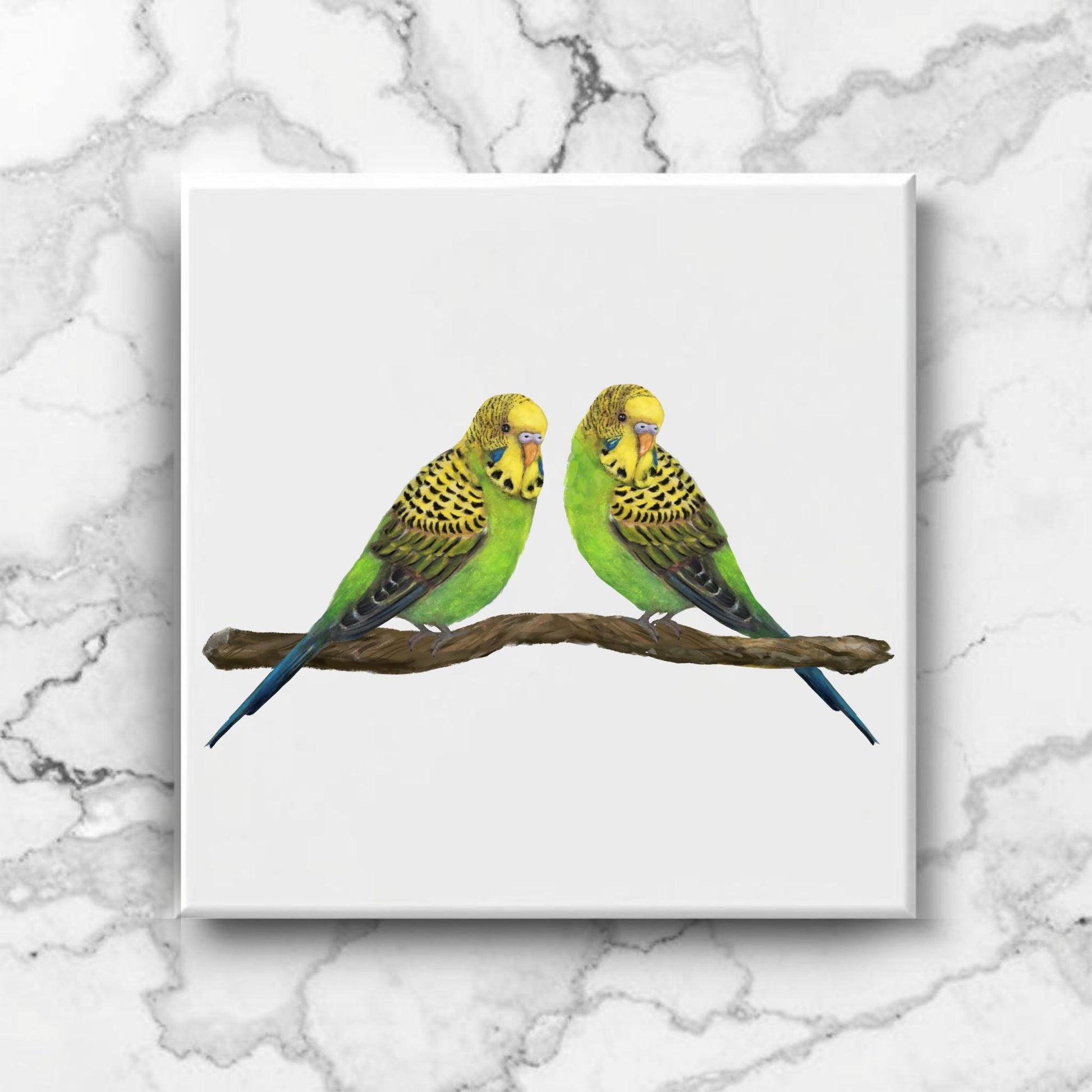 Two Green Budgies Ceramic Tile - MerikaArt