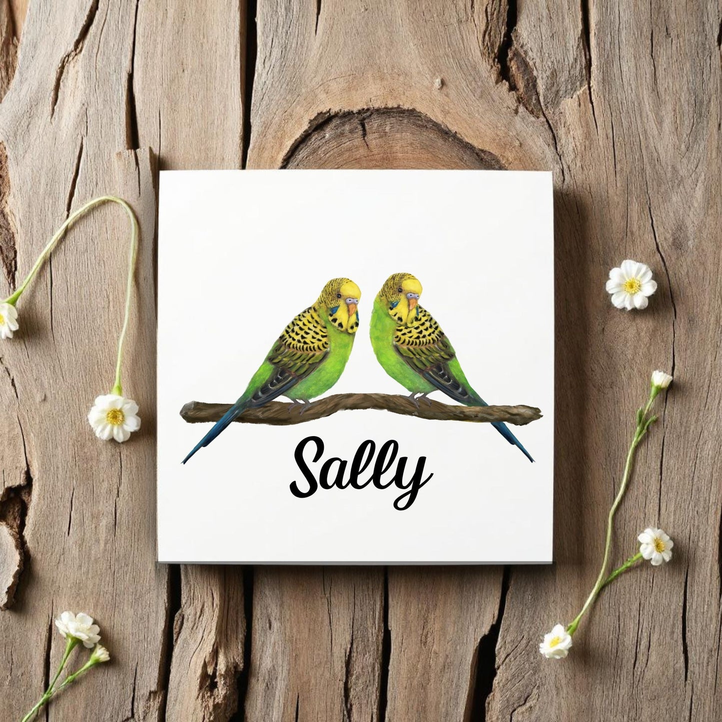 Two Green Budgies Ceramic Tile - MerikaArt