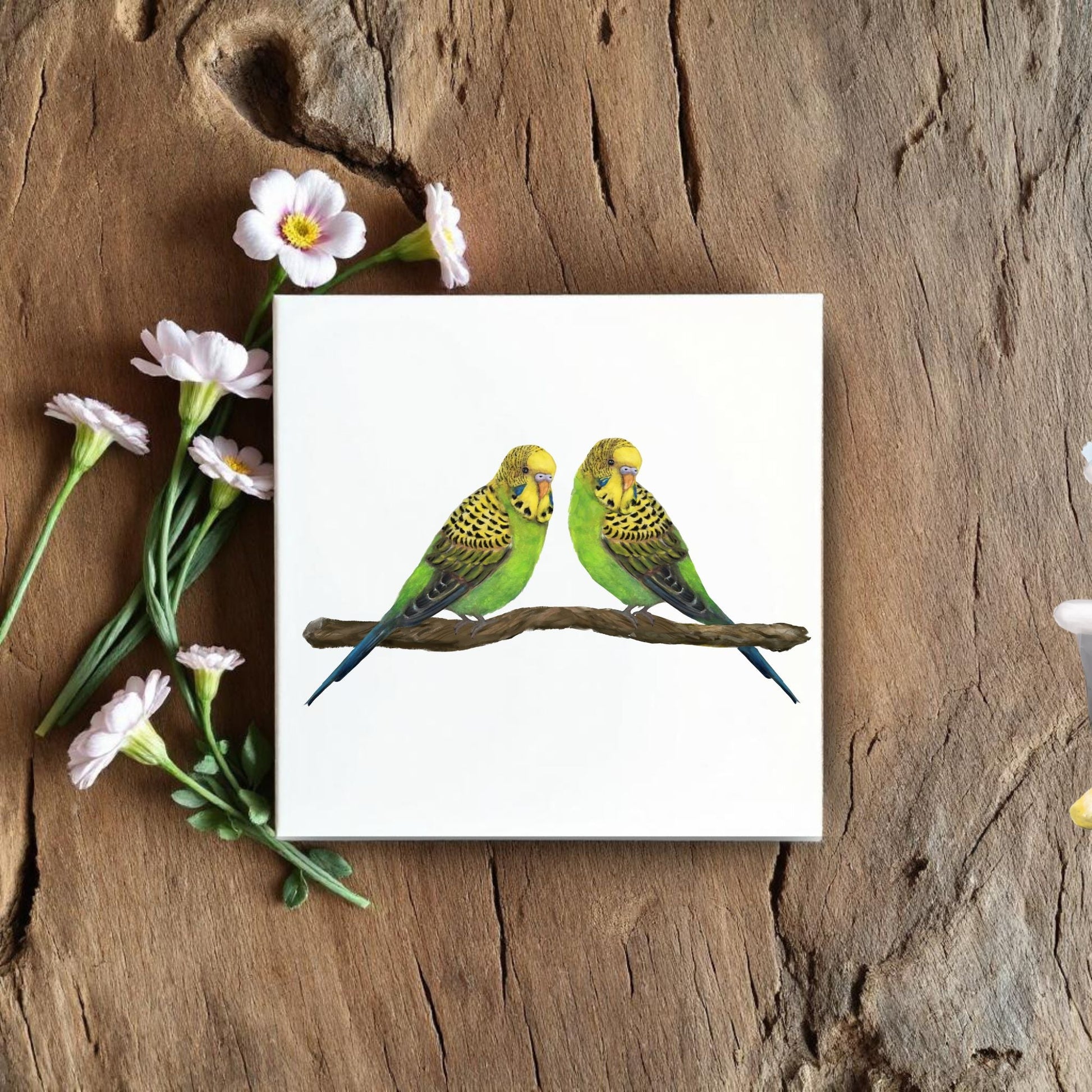 Two Green Budgies Ceramic Tile - MerikaArt