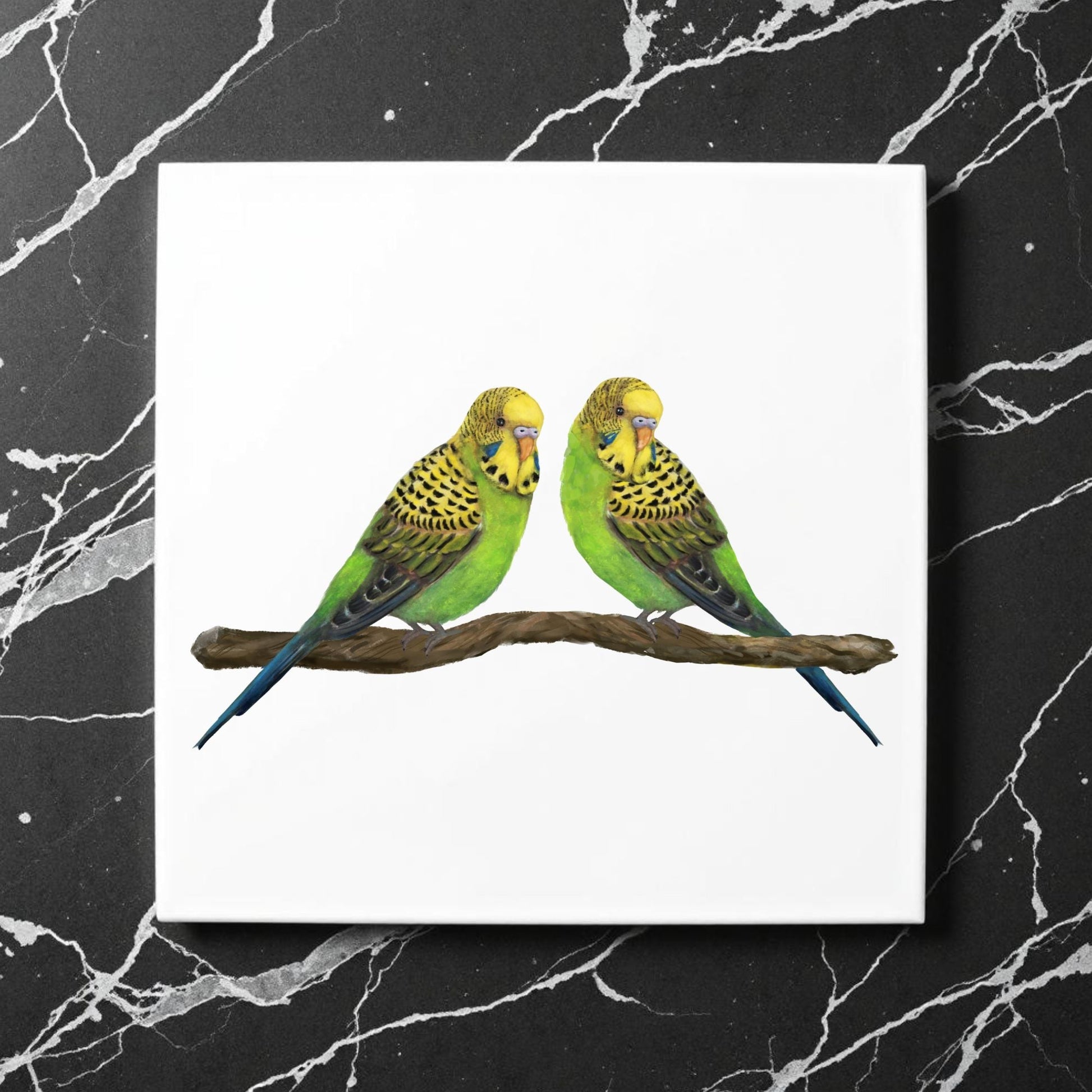 Two Green Budgies Ceramic Tile - MerikaArt