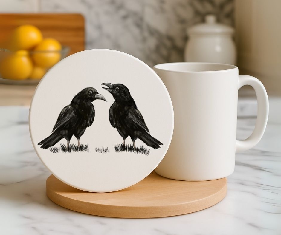 Two Ravens Ceramic Coaster - MerikaArt