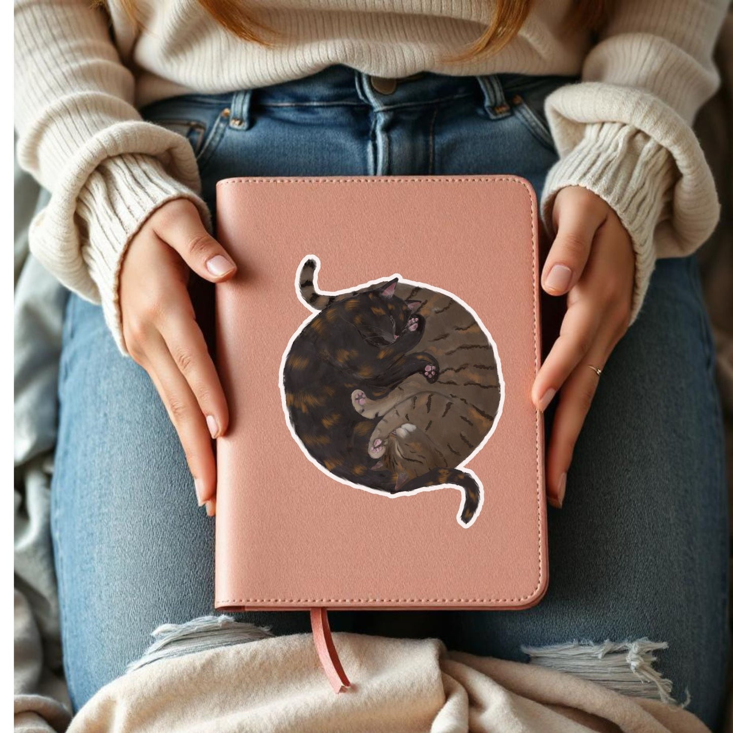 Two Sleeping Tabby Cats Vinyl Sticker - MerikaArt