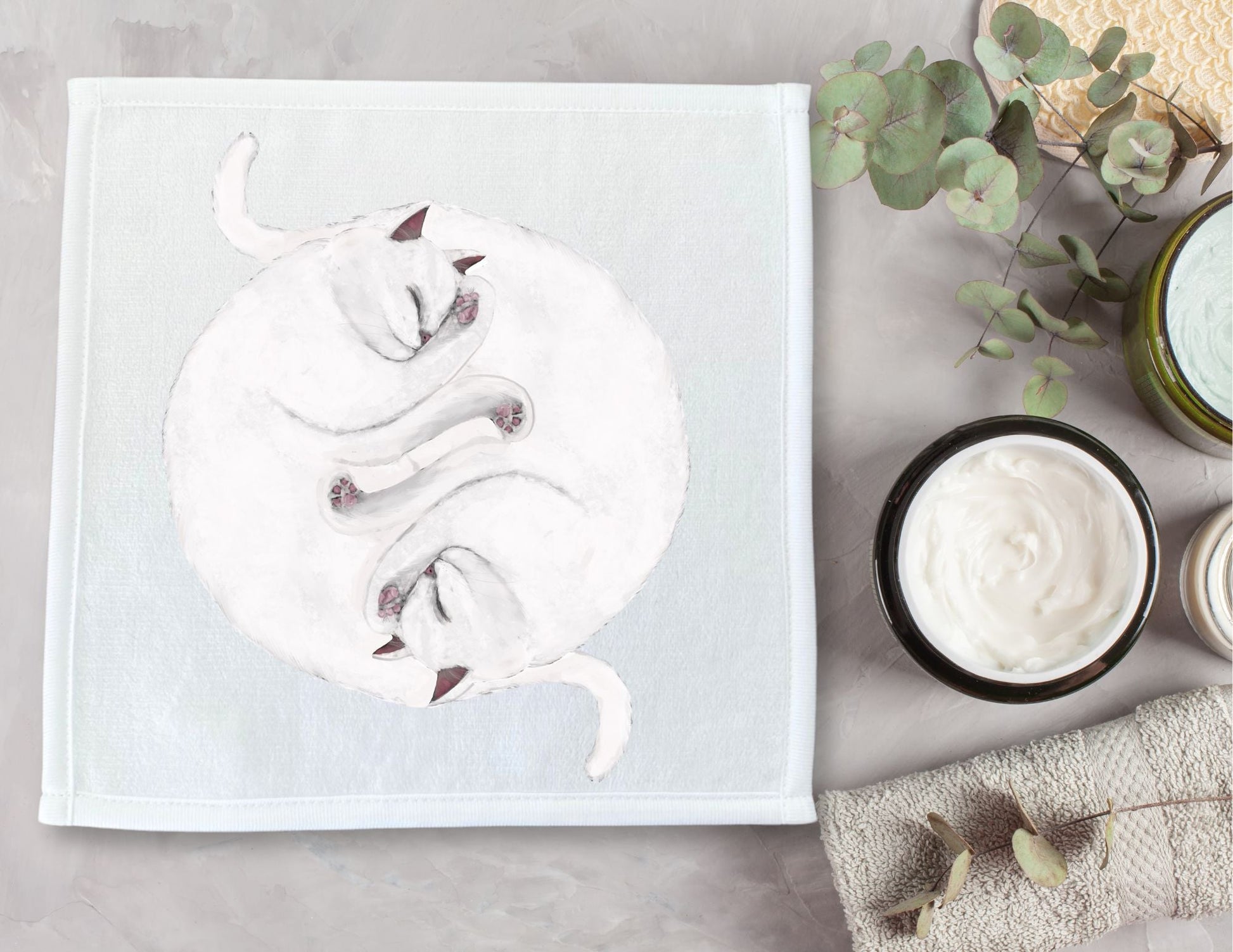 Two White Cats Sleeping Washcloth - MerikaArt