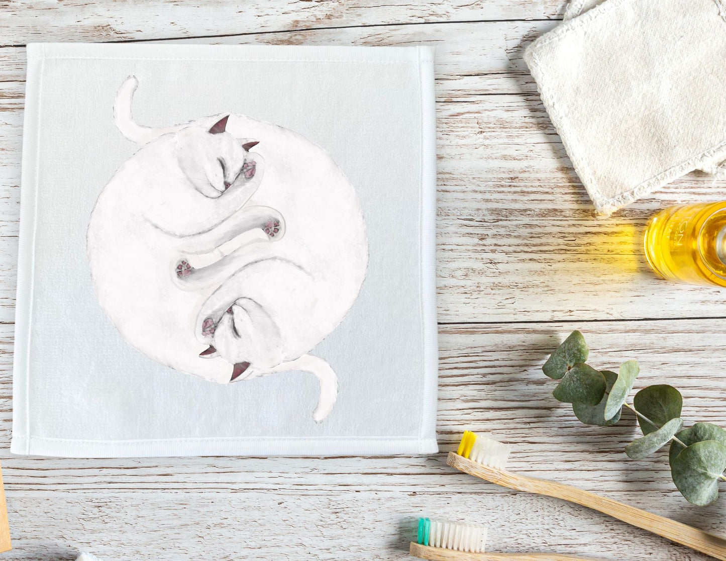 Two White Cats Sleeping Washcloth - MerikaArt