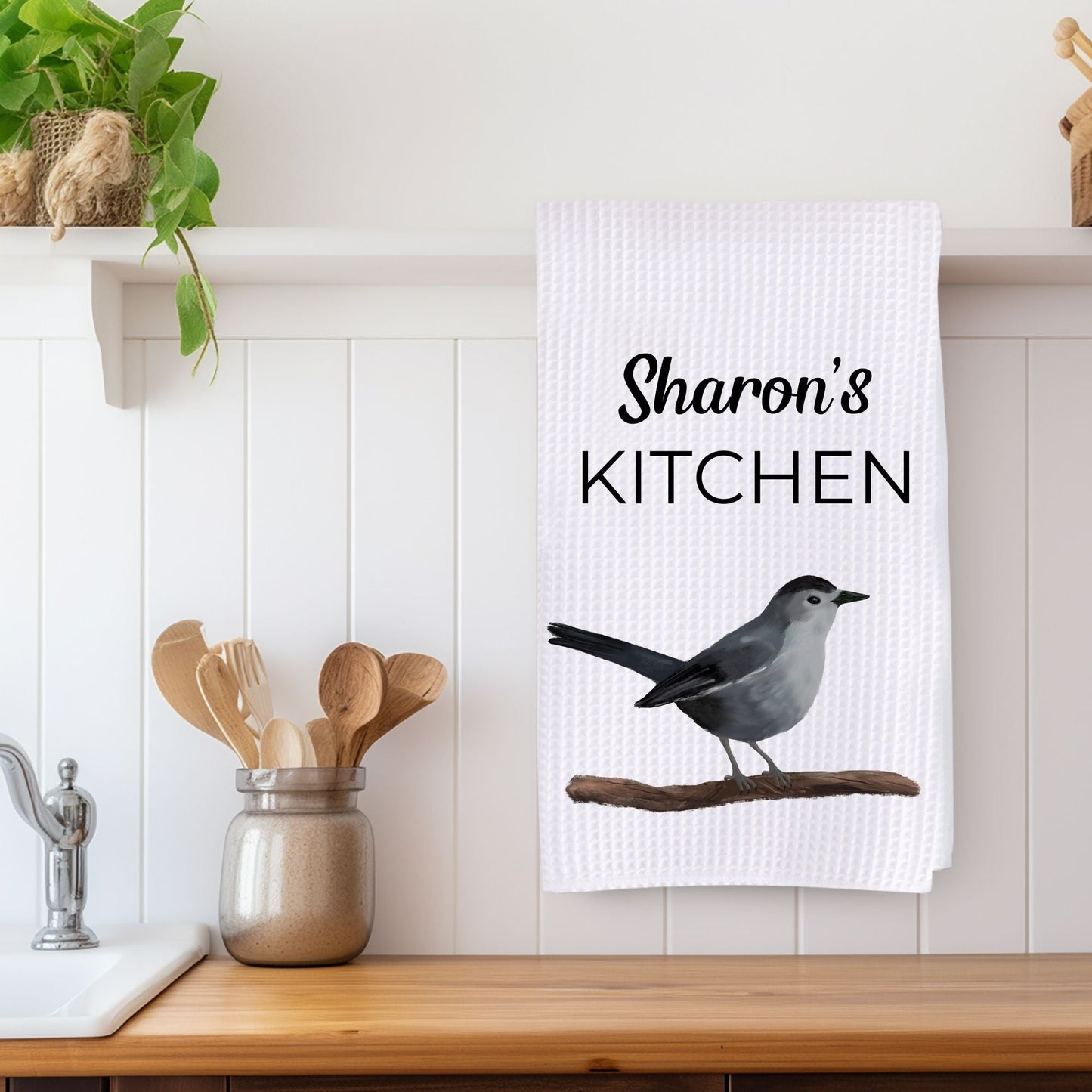 Unique Gray Catbird Kitchen Towel - MerikaArt