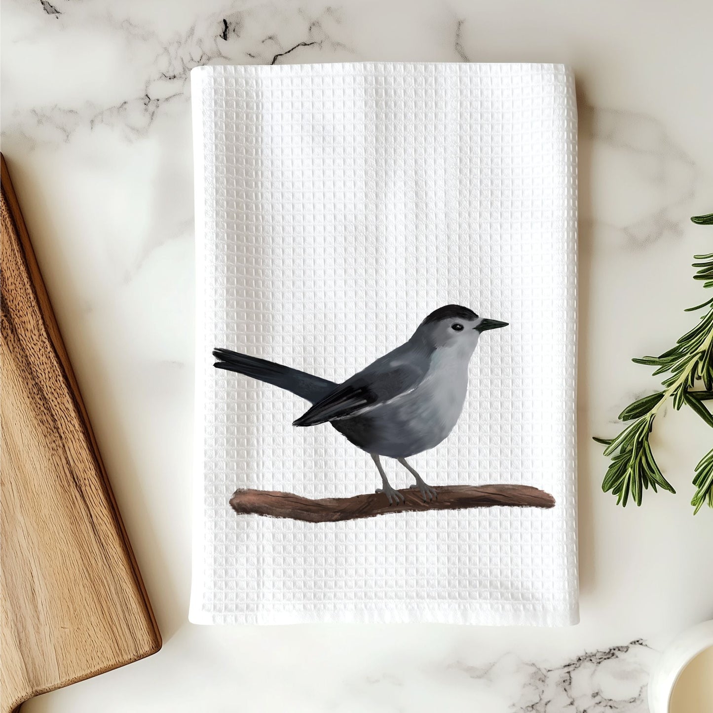 Unique Gray Catbird Kitchen Towel - MerikaArt