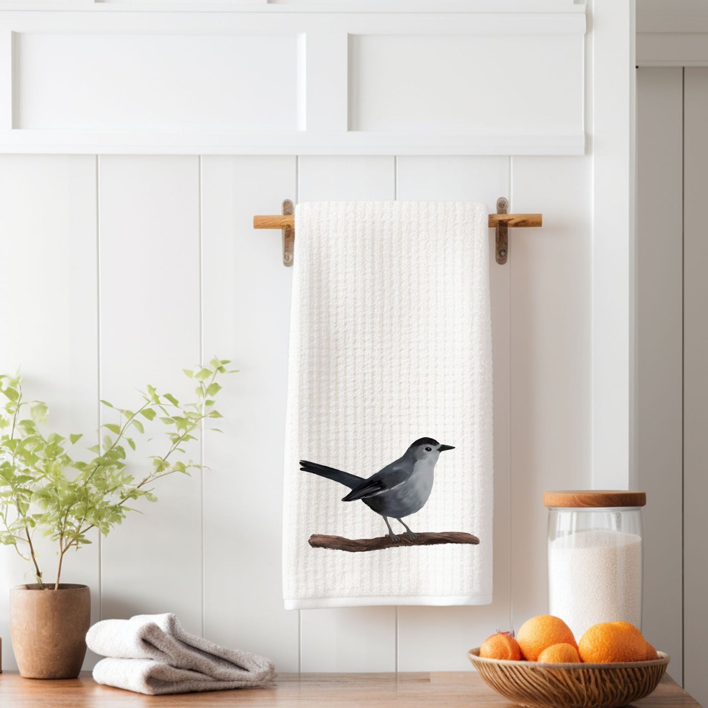 Unique Gray Catbird Kitchen Towel - MerikaArt