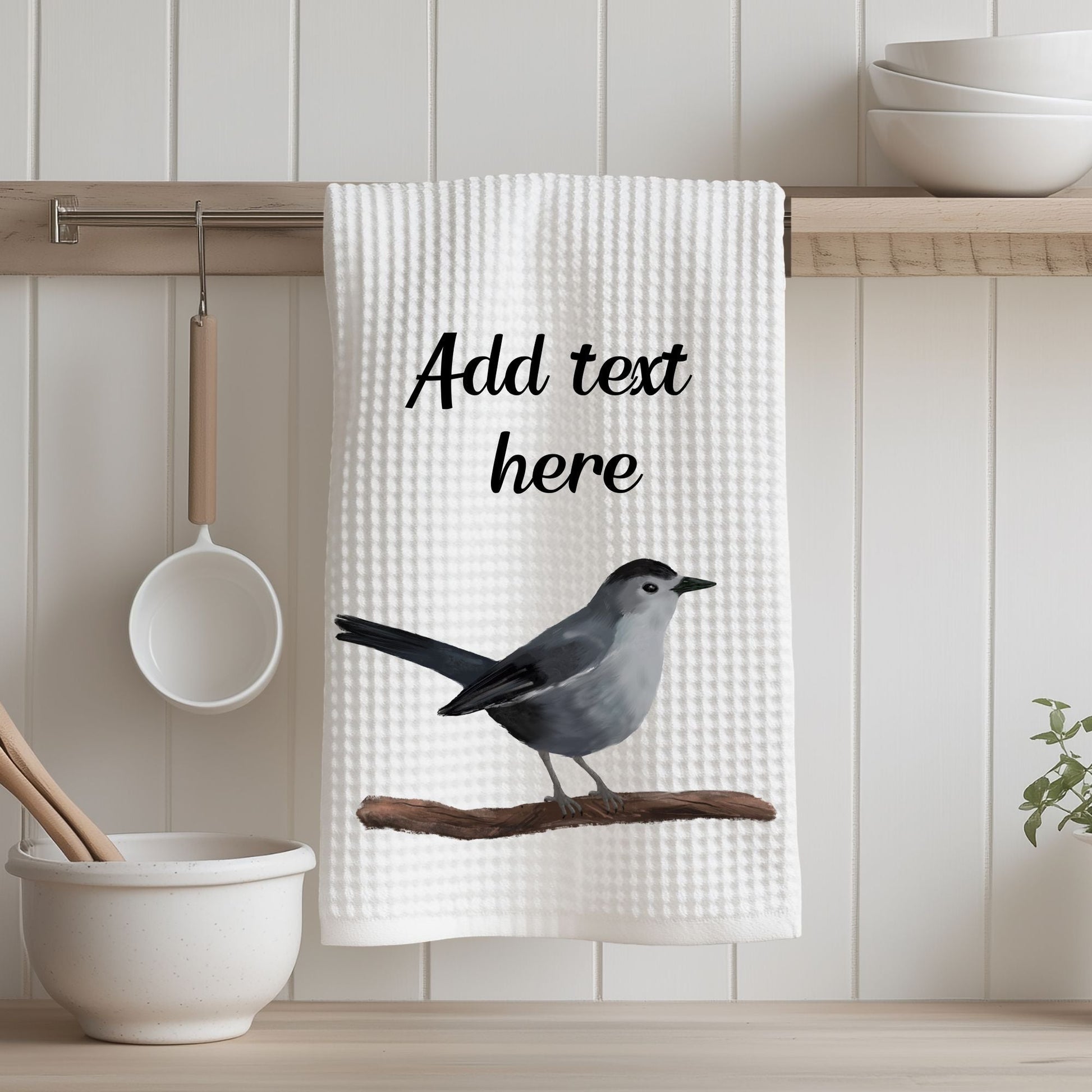 Unique Gray Catbird Kitchen Towel - MerikaArt