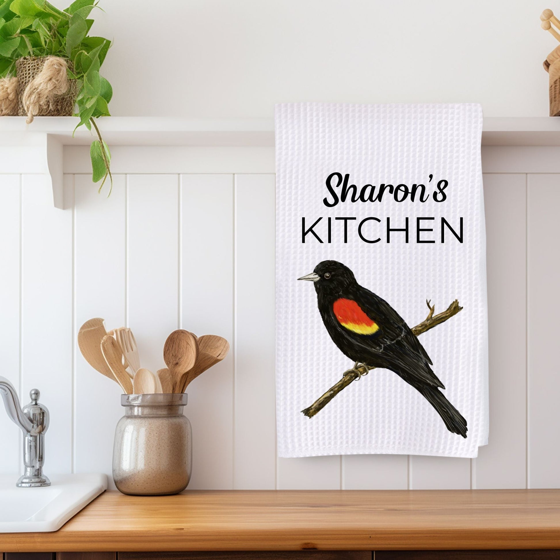 Unique Red - Winged Blackbird Kitchen Towel - MerikaArt