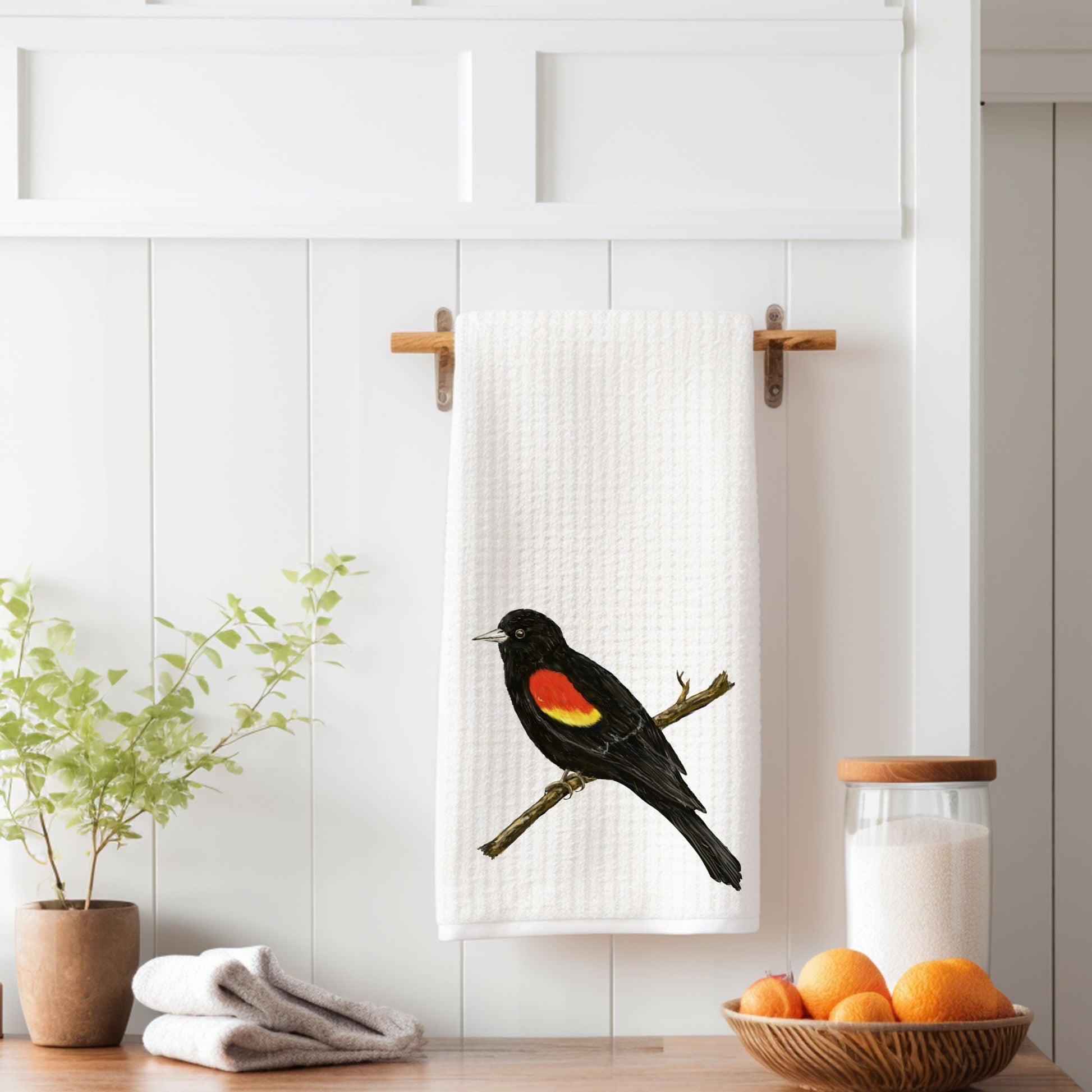 Unique Red - Winged Blackbird Kitchen Towel - MerikaArt