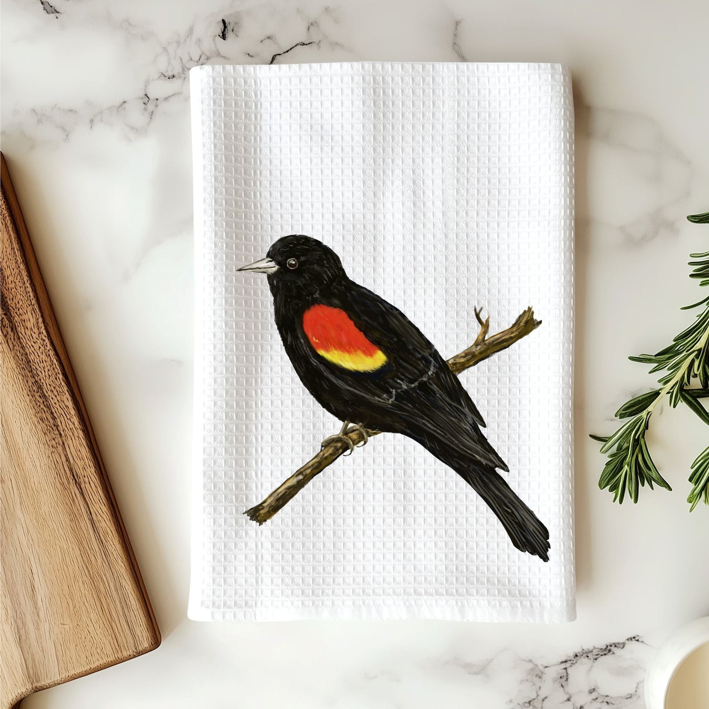 Unique Red - Winged Blackbird Kitchen Towel - MerikaArt