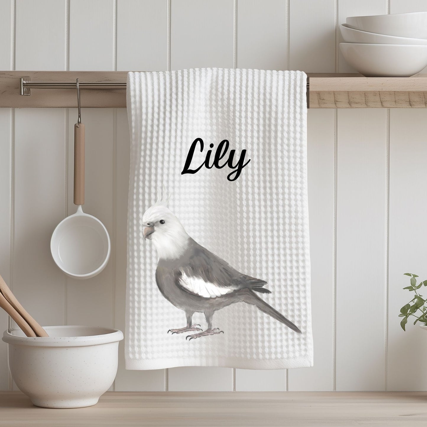 Unique White Cockatiel Kitchen Towel - MerikaArt