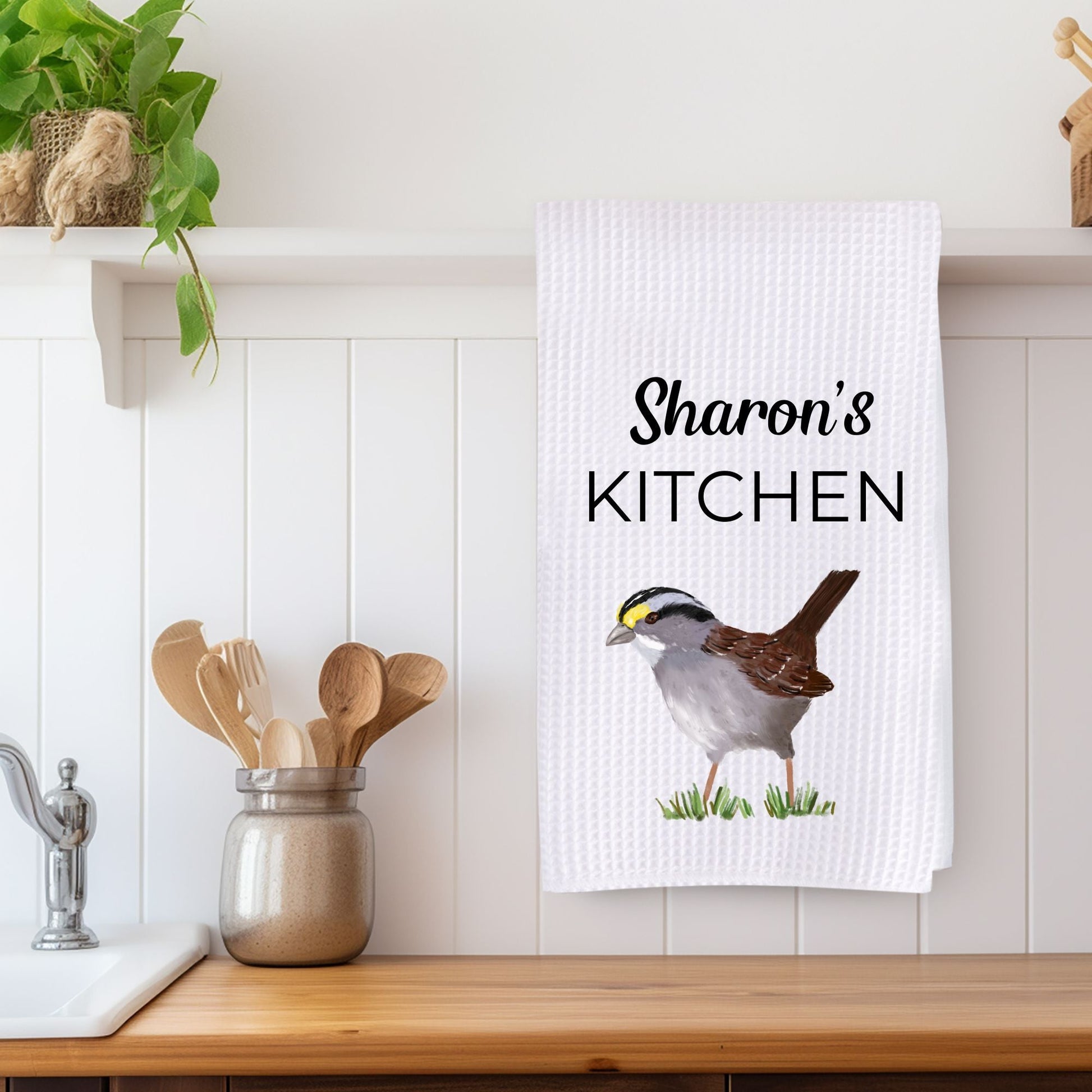 Unique White - Throated Sparrow Kitchen Towel - MerikaArt