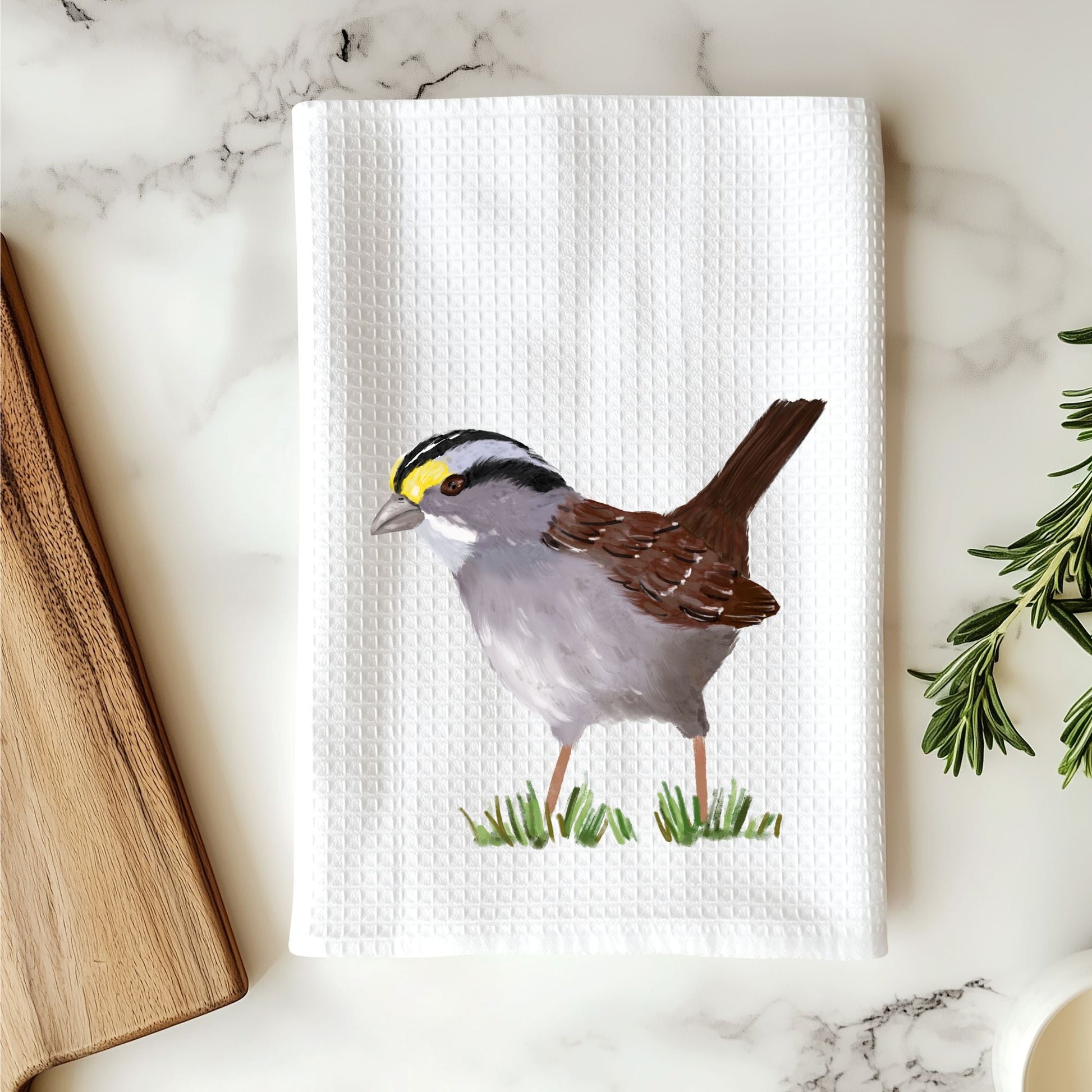 Unique White - Throated Sparrow Kitchen Towel - MerikaArt