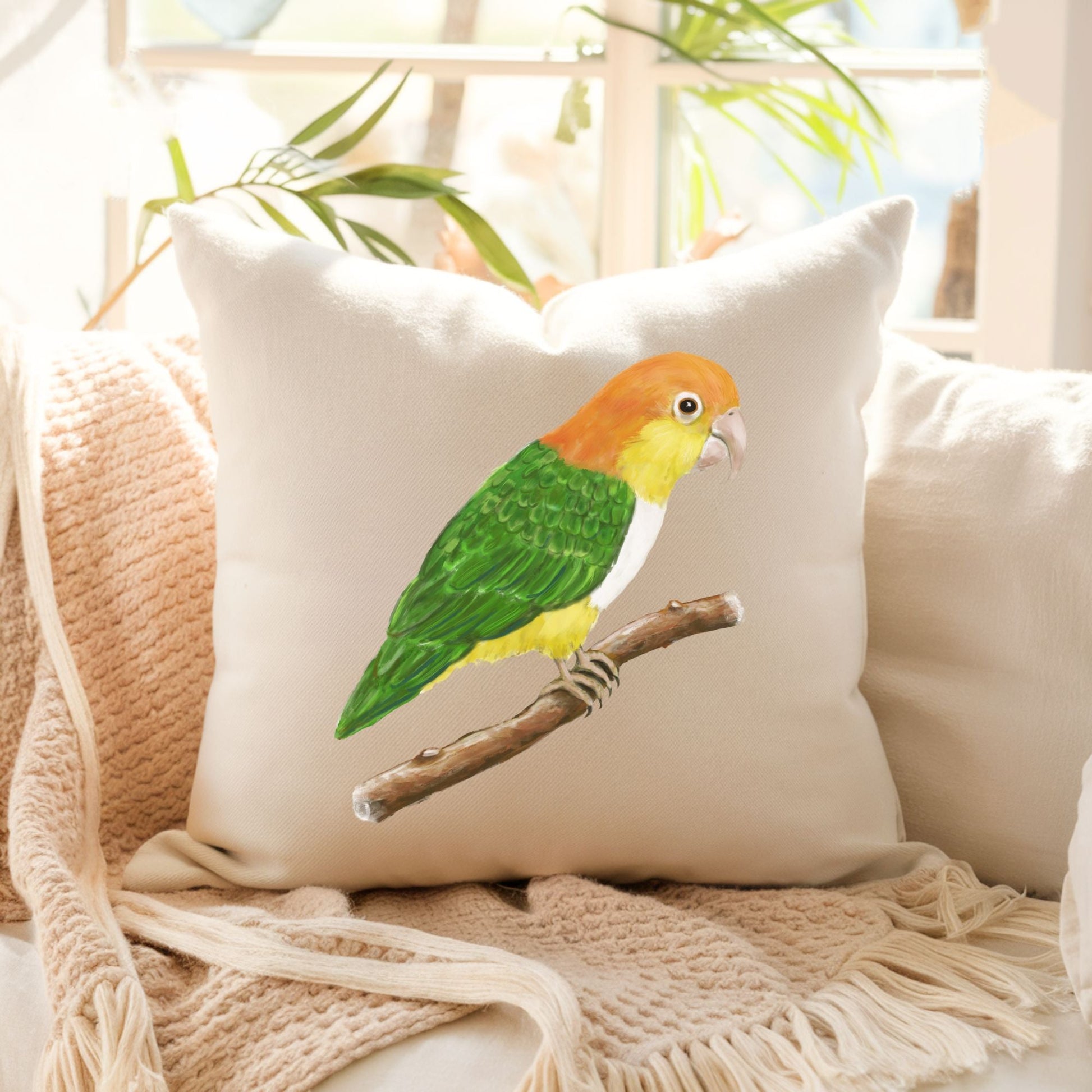 Vibrant Caique Parrot Pillow - Nature Inspired Home Decor - MerikaArt