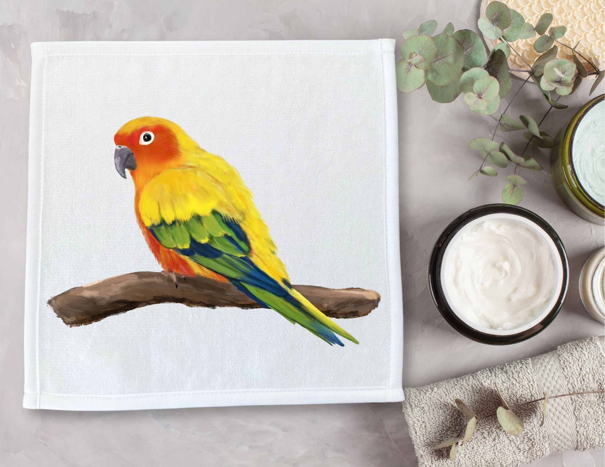 Vibrant Sun Conure on Branch Washcloth - MerikaArt