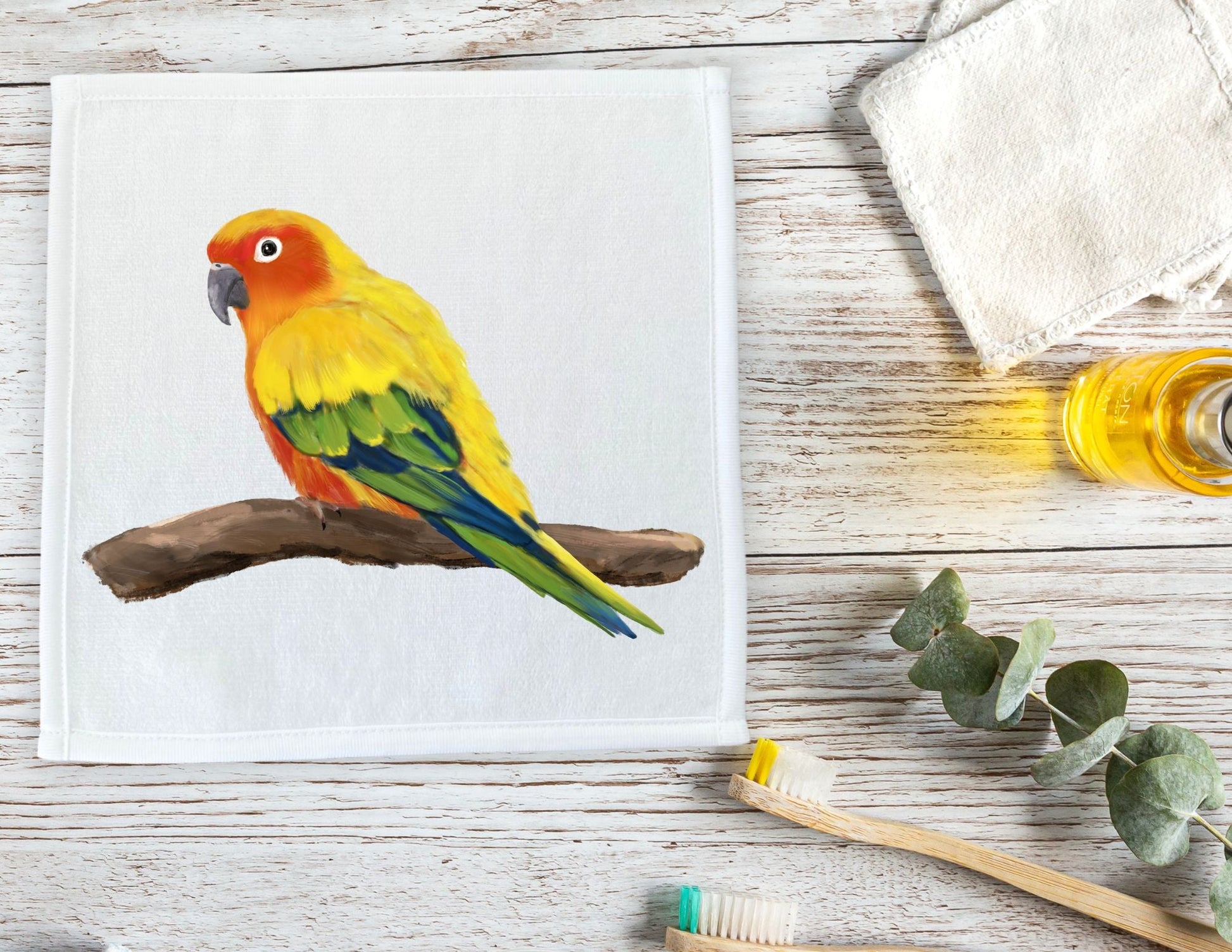 Vibrant Sun Conure on Branch Washcloth - MerikaArt