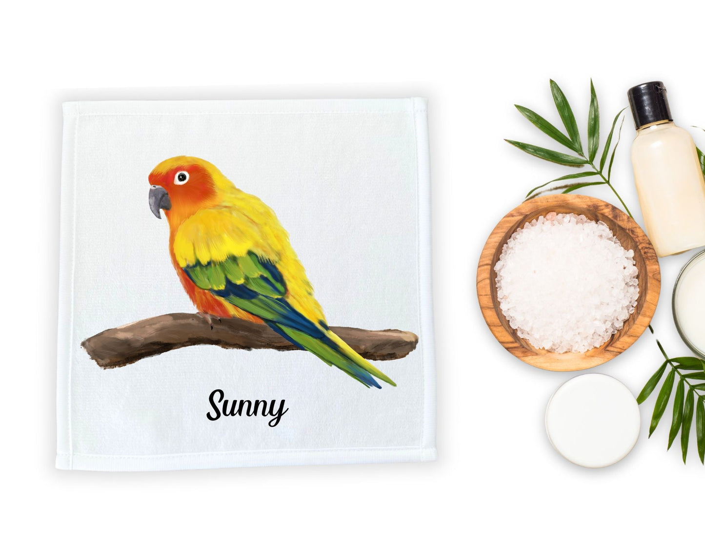 Vibrant Sun Conure on Branch Washcloth - MerikaArt