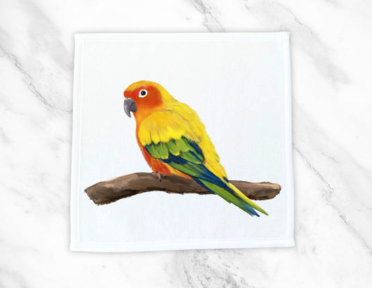 Vibrant Sun Conure on Branch Washcloth - MerikaArt