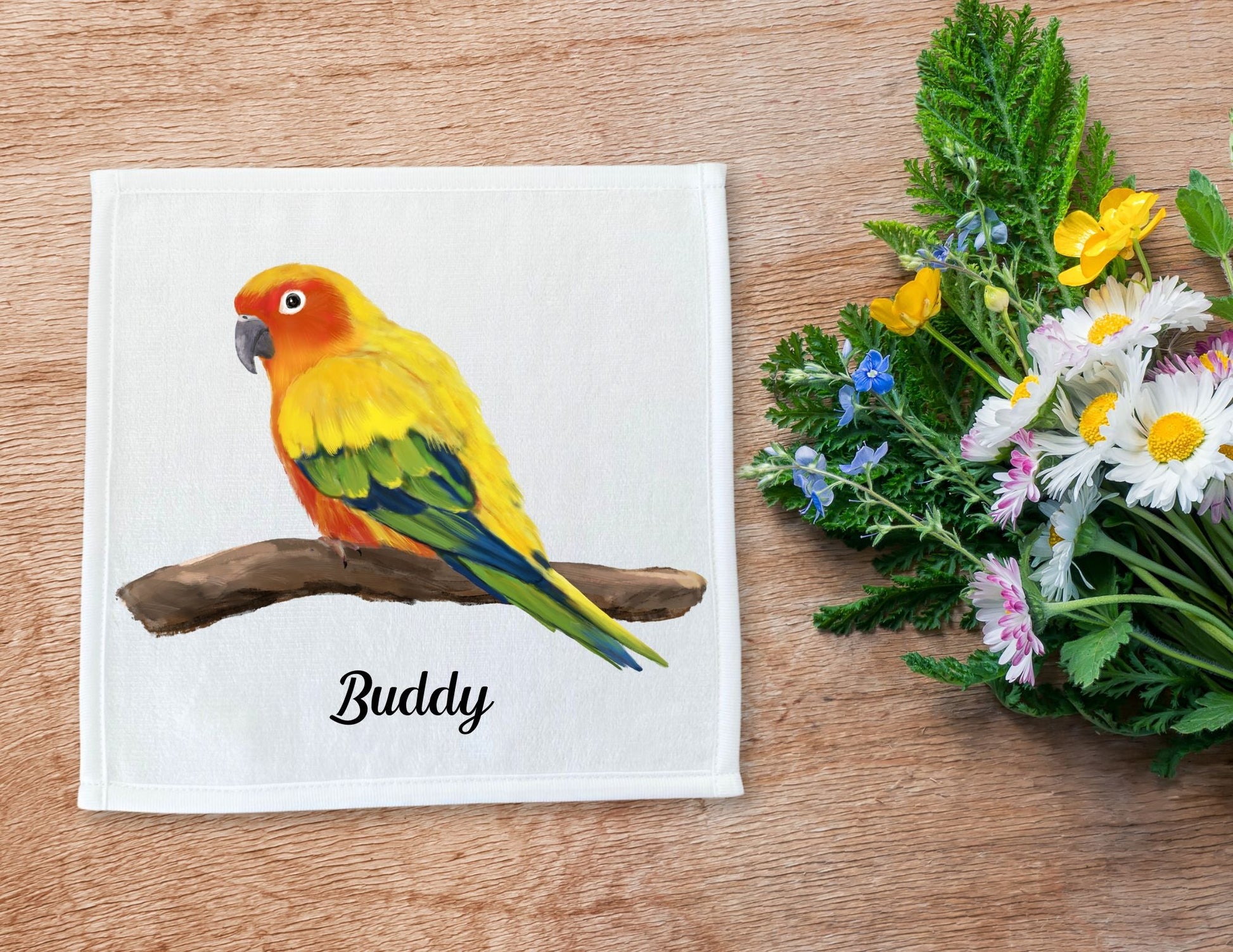 Vibrant Sun Conure on Branch Washcloth - MerikaArt