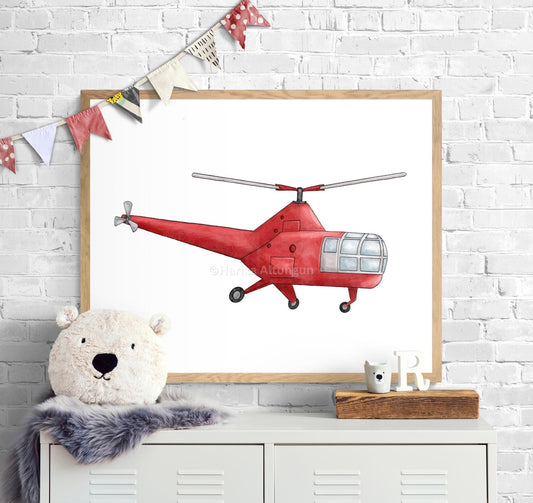Vintage Helicopter Wall Art, Kids Transportation Print, Red Helicopter Painting, Playroom and Nursery Art, Adventure Print, Boys Room Gift - MerikaArt