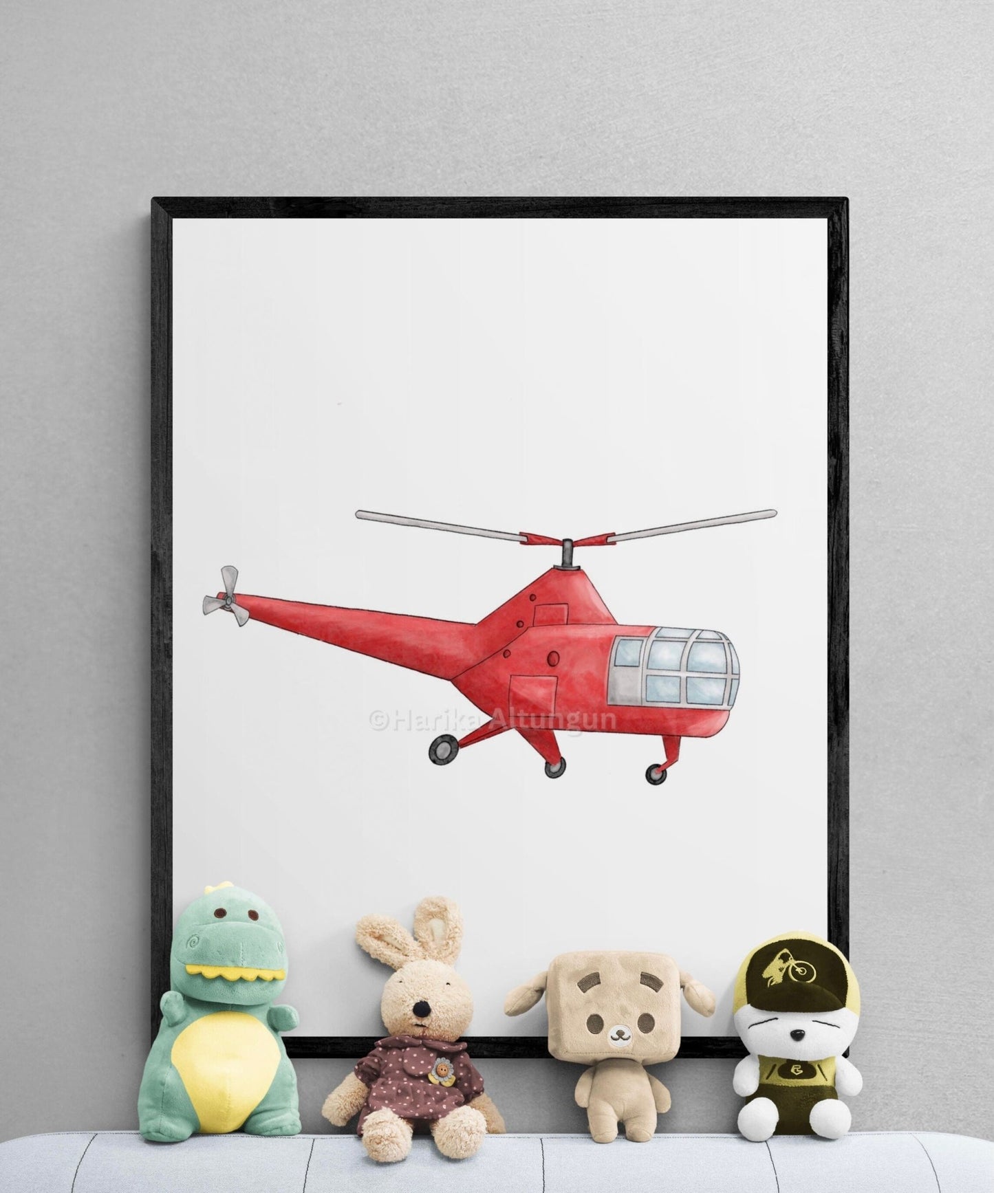 Vintage Helicopter Wall Art, Kids Transportation Print, Red Helicopter Painting, Playroom and Nursery Art, Adventure Print, Boys Room Gift - MerikaArt