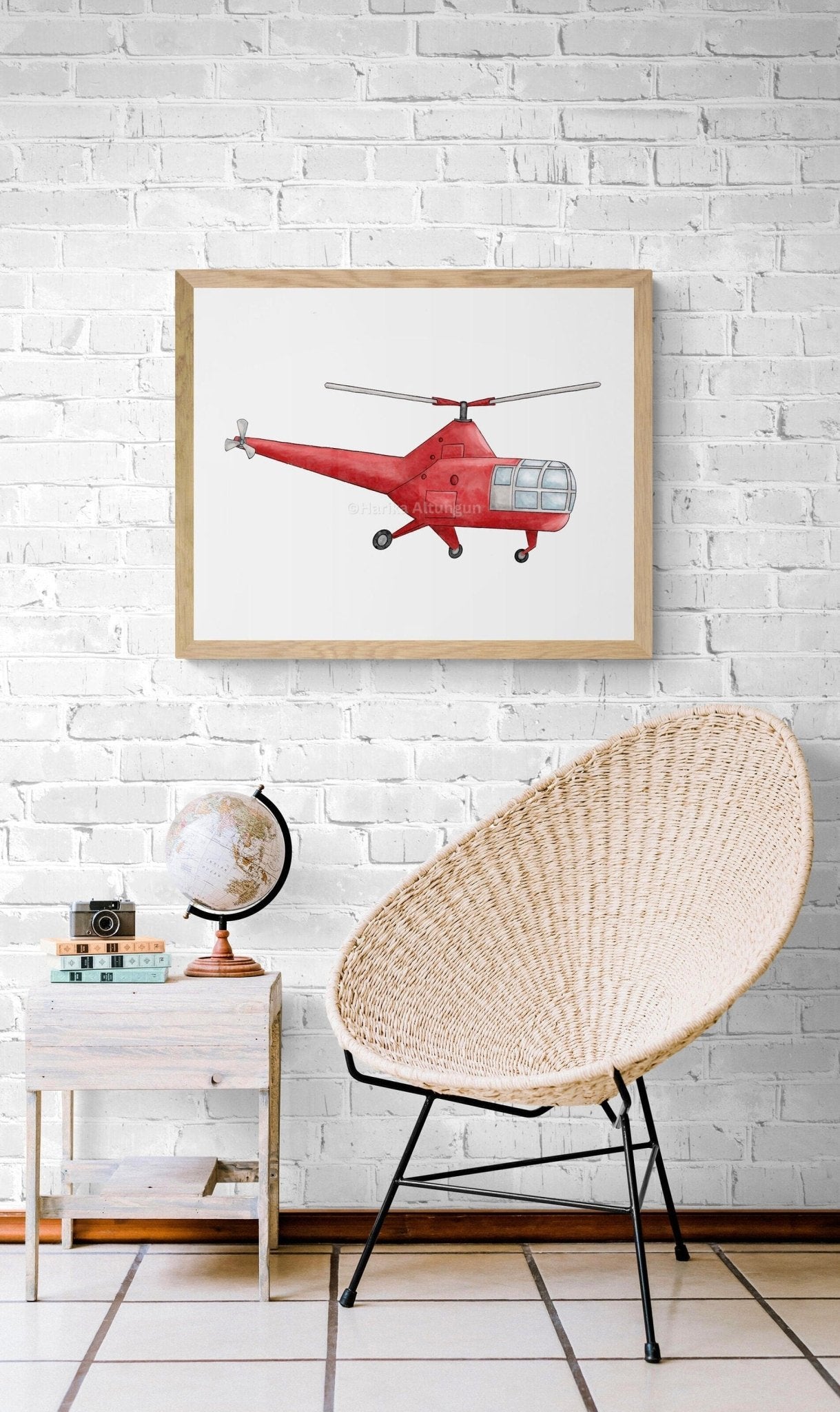 Vintage Helicopter Wall Art, Kids Transportation Print, Red Helicopter Painting, Playroom and Nursery Art, Adventure Print, Boys Room Gift - MerikaArt