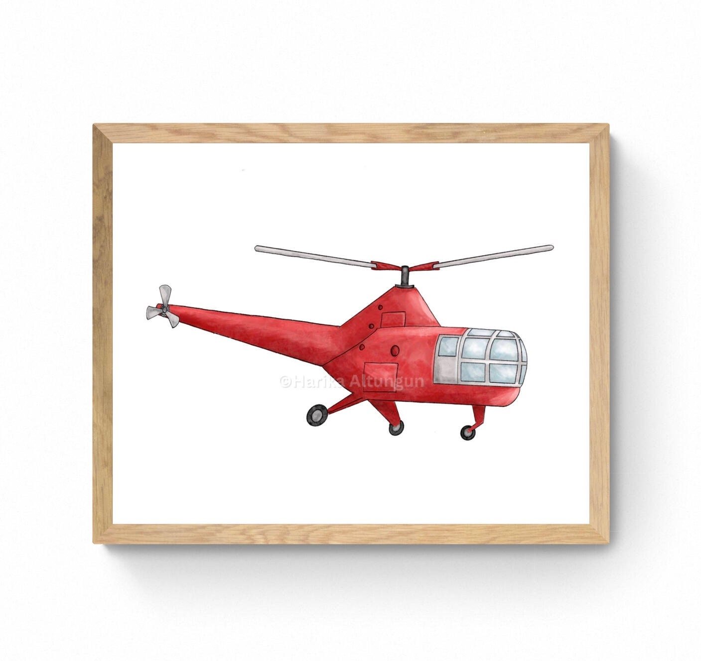 Vintage Helicopter Wall Art, Kids Transportation Print, Red Helicopter Painting, Playroom and Nursery Art, Adventure Print, Boys Room Gift - MerikaArt