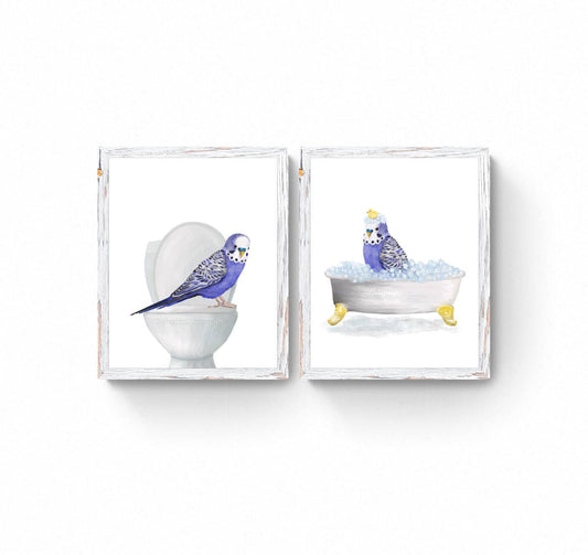 Violet Budgie Bathroom Print Set of 2, Purple Parakeet On Toilet, Budgerigar In Bathroom, Animal Bathroom Wall Art, Bird Memorial Painting - MerikaArt