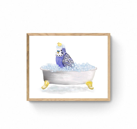 Violet Parakeet Bathing Print, Purple Budgie In Bathtub, Budgerigar Art, Bird Memorial Painting, Bird Relaxing In Bath Print, Bird Lover Art - MerikaArt