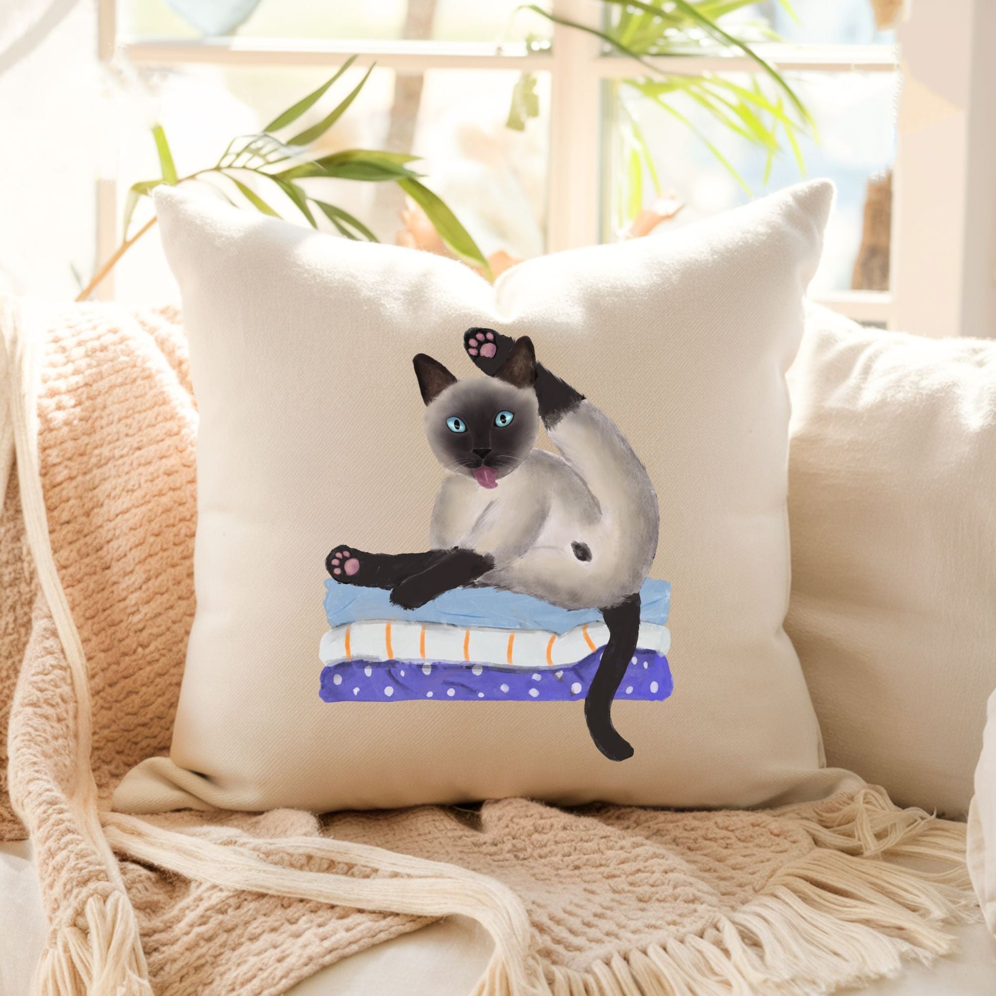 Whimsical Siamese Cat Pillow - Fun and Playful Home Decor - MerikaArt