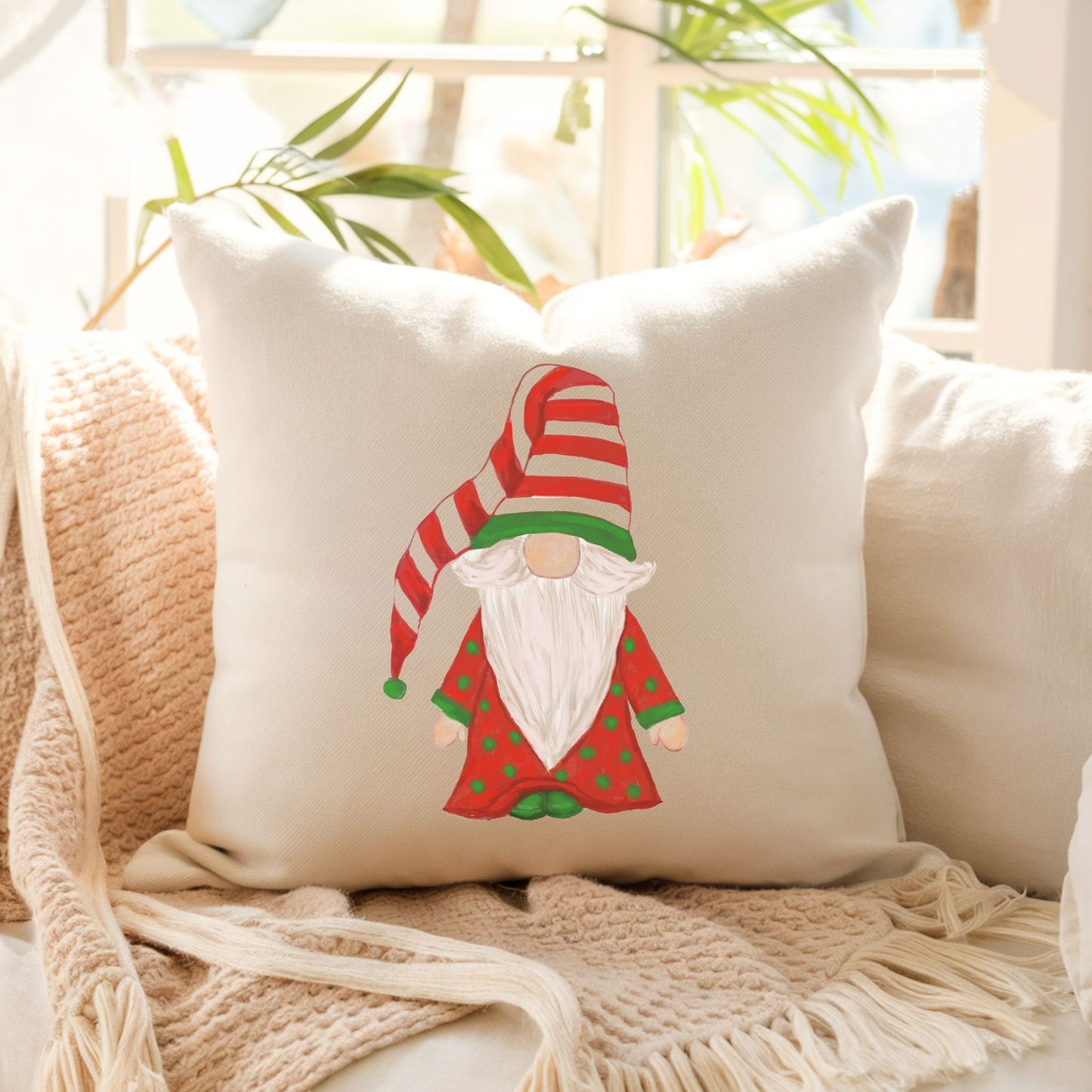 Whimsical Striped Christmas Gnome Pillow - Festive Holiday Decor - MerikaArt