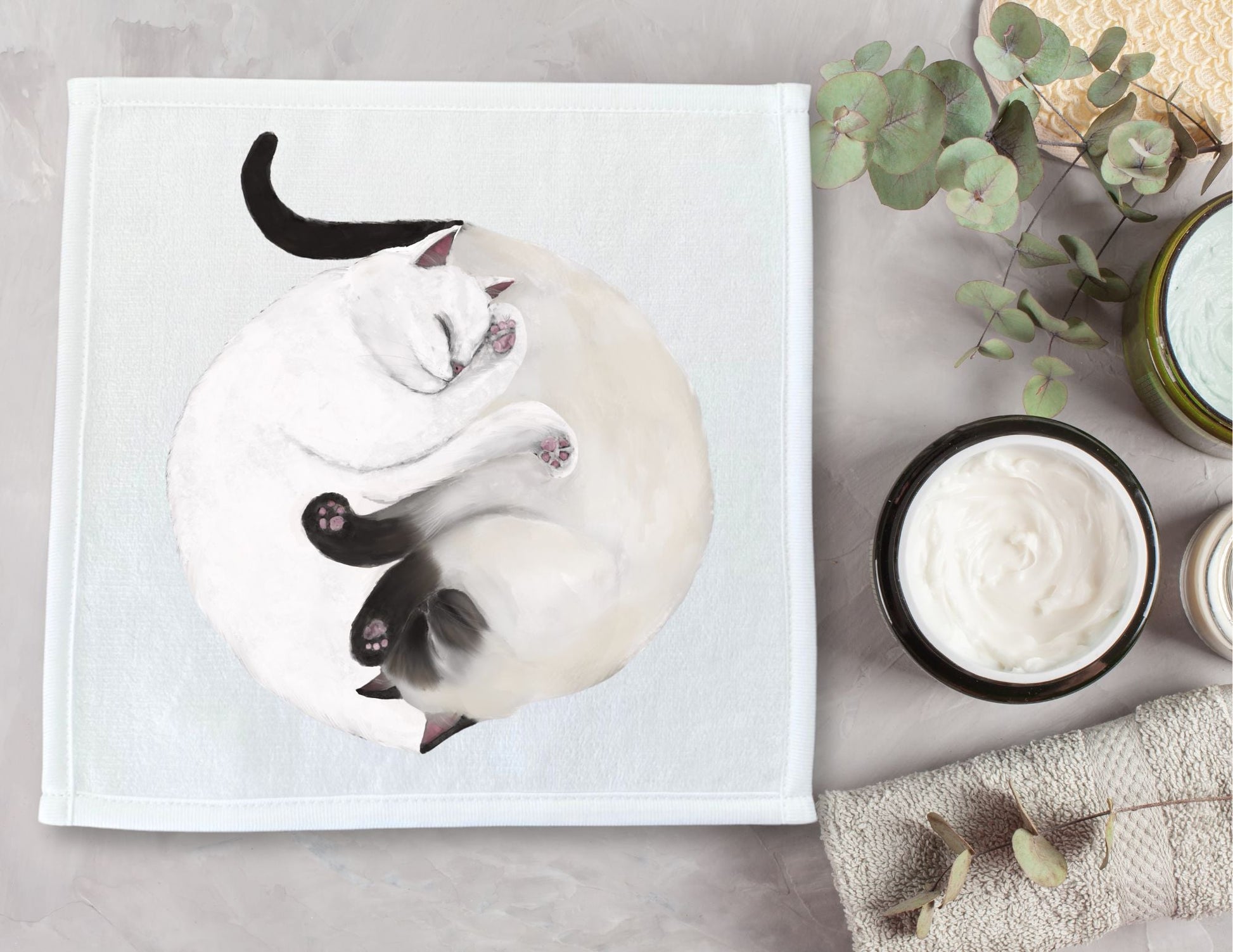 White and Siamese Cats Sleeping Washcloth - MerikaArt