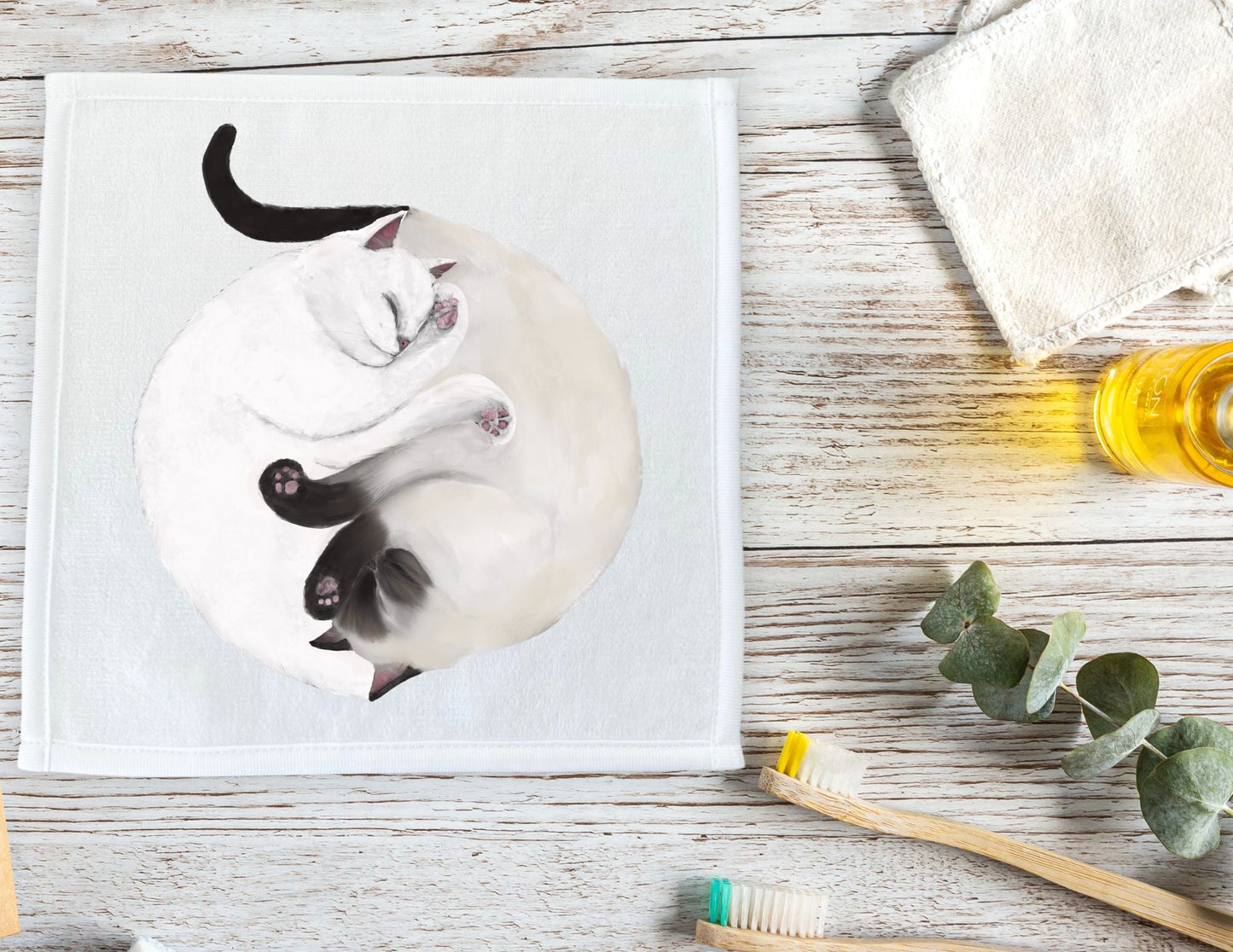 White and Siamese Cats Sleeping Washcloth - MerikaArt