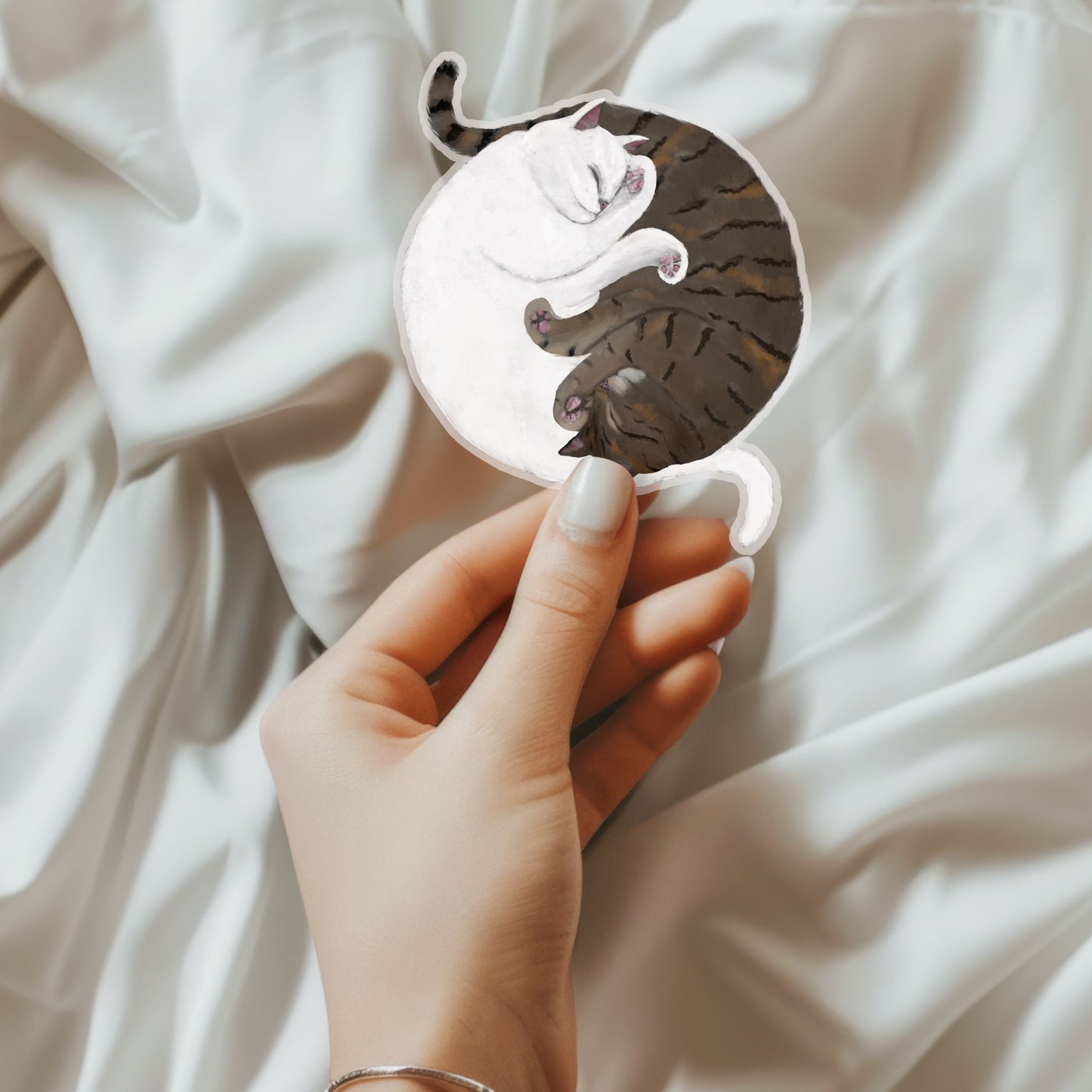 White And Taby Cats Sleeping Vinly Sticker - MerikaArt